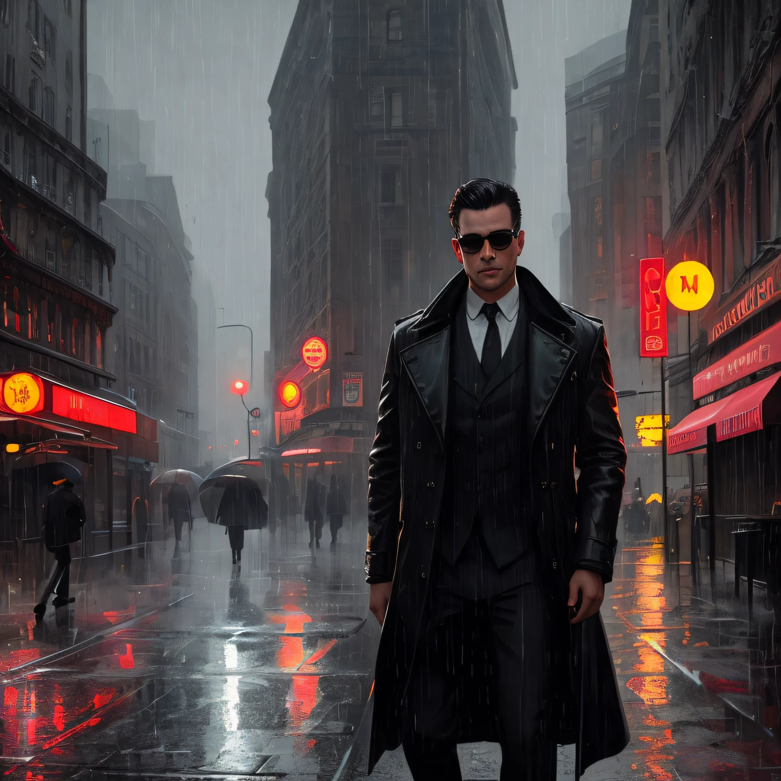 (masterpiece,best quality: 1.2), ultra-detailed face, (muted colours:1.2, dark studio, rim lighting, two tone lighting, dimly lit, low key,  ), ((heavy rain weather)),black glasses,long leather rain coat,
 a poster for a 1930s \(style\),  noir detective movie,(noir atmosphere:1), gloomy atmosphere,night city street, emphasis on noir colors,
New York in the 1930s, and Detective Jack Sullivan  just returned to his office after a long day of pounding the pavement, trying to solve the latest case that had been thrown his way. It was a tough one, and he was no closer to finding the perpetrator than he was when he started,
trending on ArtStation, trending on CGSociety, Intricate, High Detail, dramatic, photorealistic painting art by midjourney and greg rutkowski,