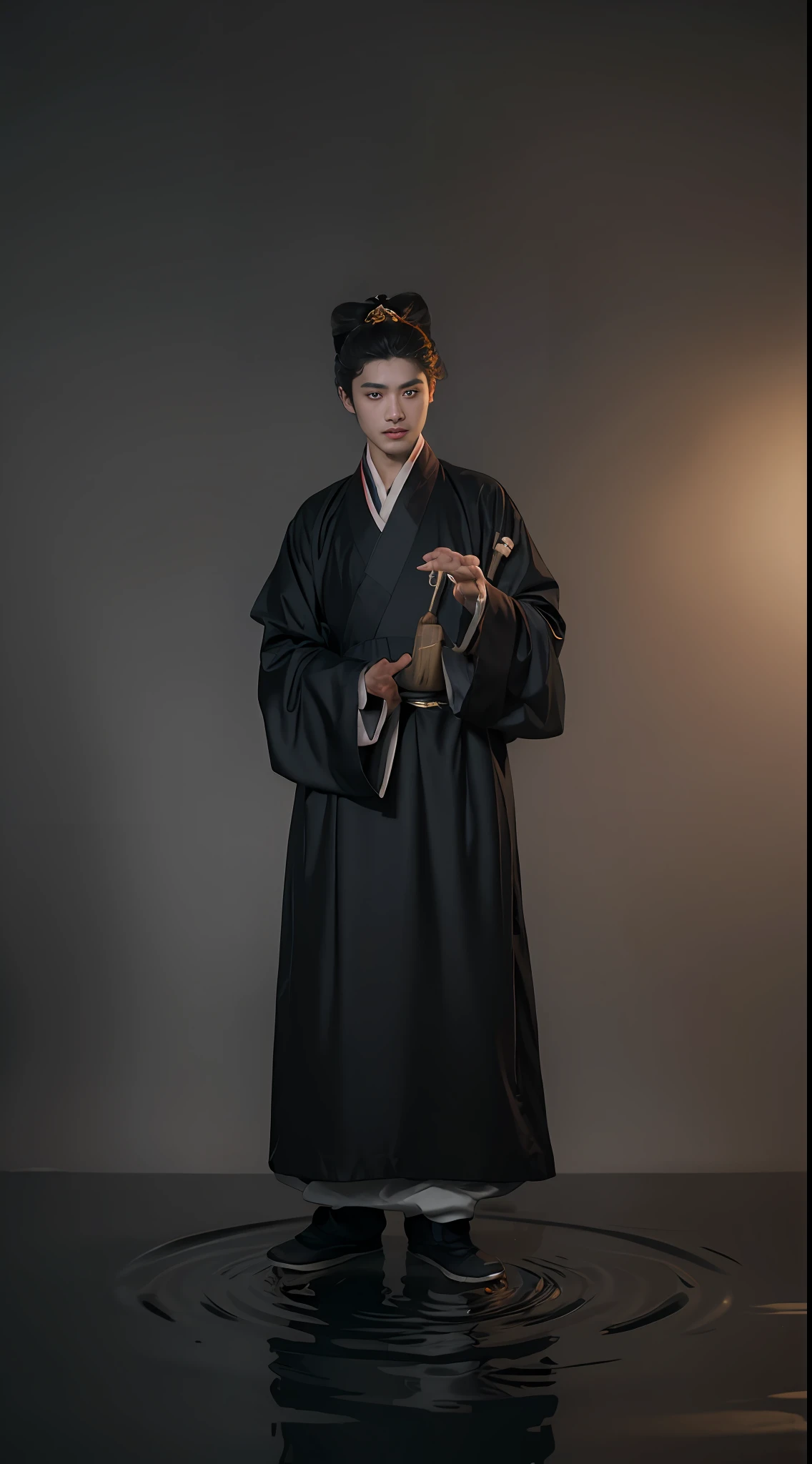 best quality, masterpiece, (photorealistic:1.4), 1youthful man,22 years-old, ultra high detail face,solo, big eyes, Hanfu in Song Dynasty,long sleeves, upper body, dramatic lighting, looking at viewer, standing,Outdoor, By the lotus pond,With a bunch of lotus flowers in his hand,Willow, Film Lighting,sunshin