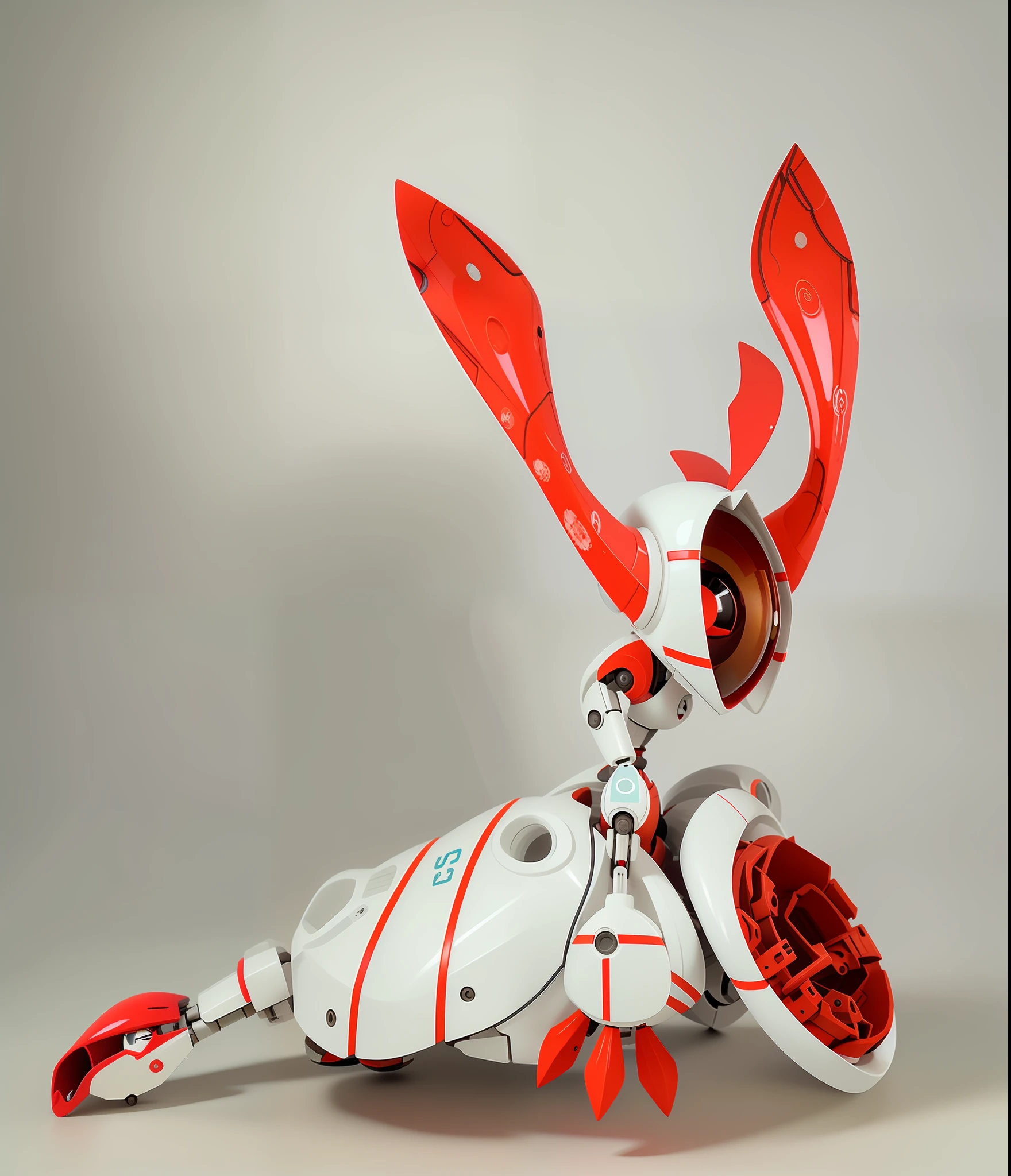 There's a robot that's sitting on the floor, ciborgue jackalope cyberpunk, rabbit robot, red biomechanical details, red biomechanical, red mechanical body, pvc poseable, futuristic robot devil, neon vermelho e branco, ceramic cyborg, ciborgue de porcelana, brinquedo de arte, anime robotic mixed with organic, Sofubi, escultura digital, ElectrixBunny