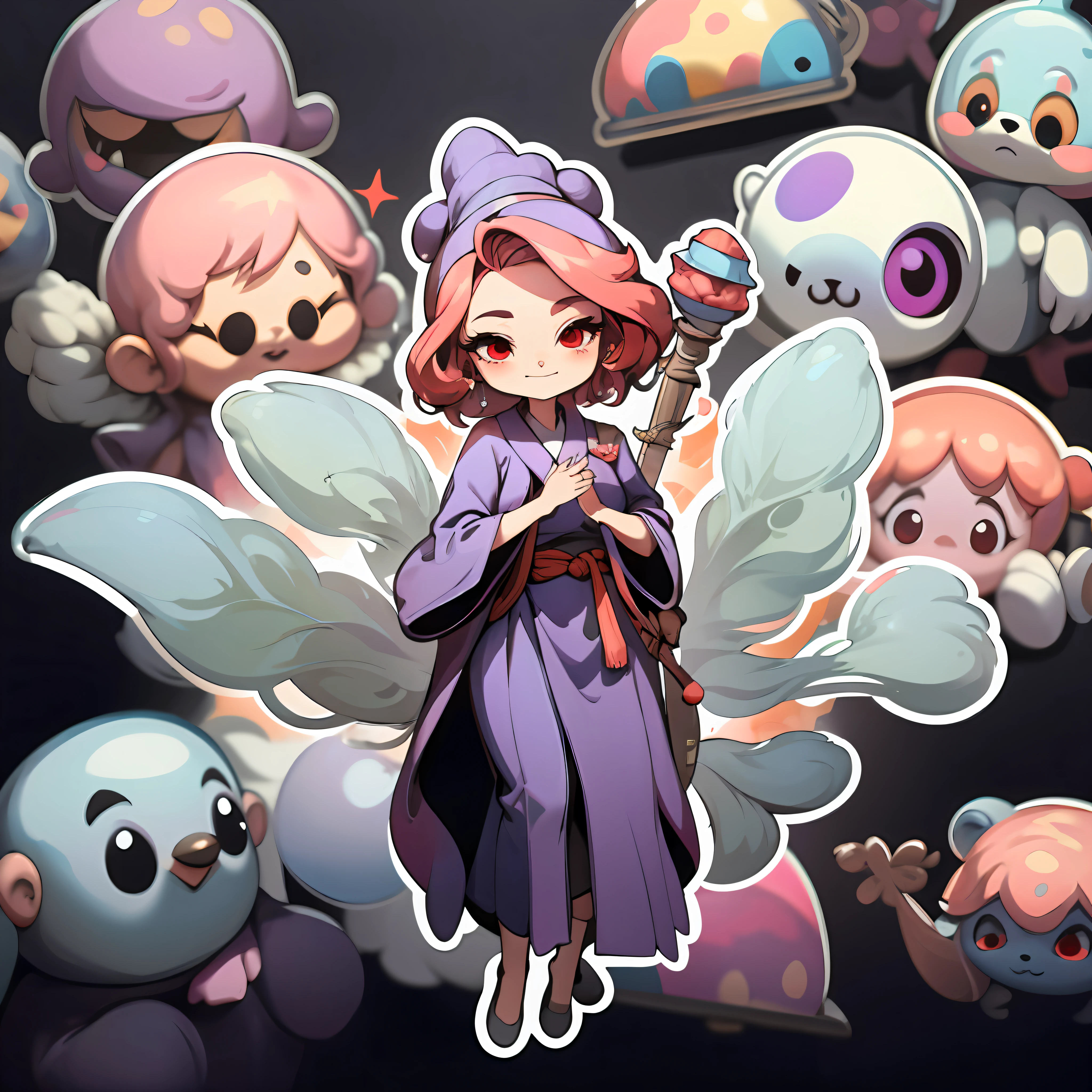 a sticker，sorceress woman，Young，Red eyes，Hold back a smile，erect through，kids cartoon，Purple mage robe，Villains，slimfigure，red tinted hair，Bland，cartoonish style，adolable，white backgrounid，Full body like，dk， adolable， Little big breasts柄， pastel colour， vectorstyle， no gradien，