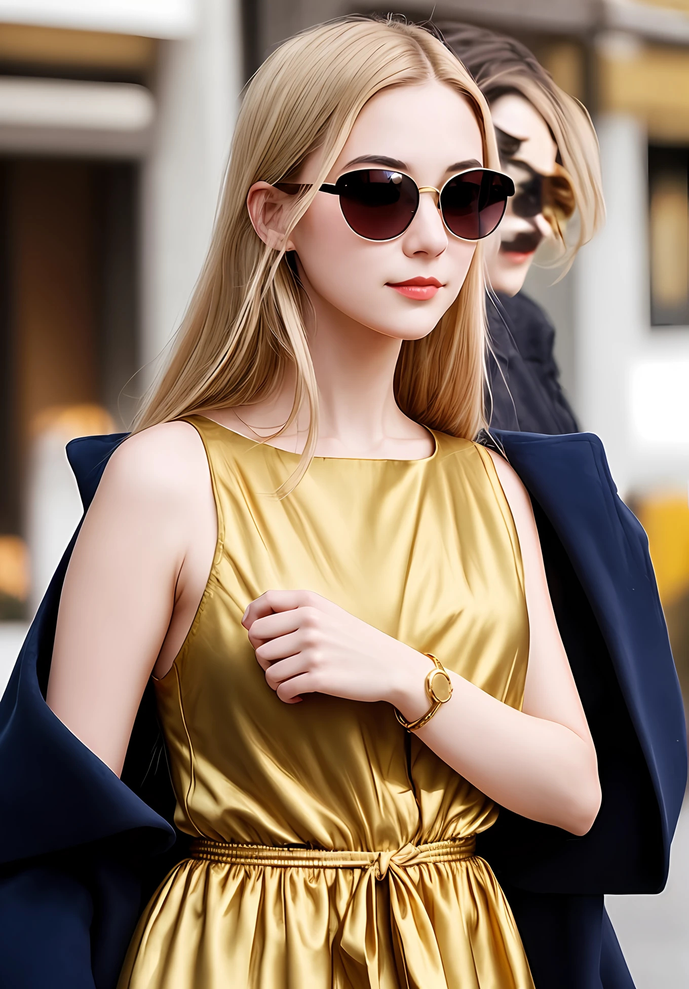 The girl had long blonde hair that reached her waist，A pair of sunglasses was worn on his face，With a faint smile on his face。Behind a pale gold dress on the body，A faint three-ring arc coat of arms flashed in shape，That was the shape of Goldlin's gold seal。