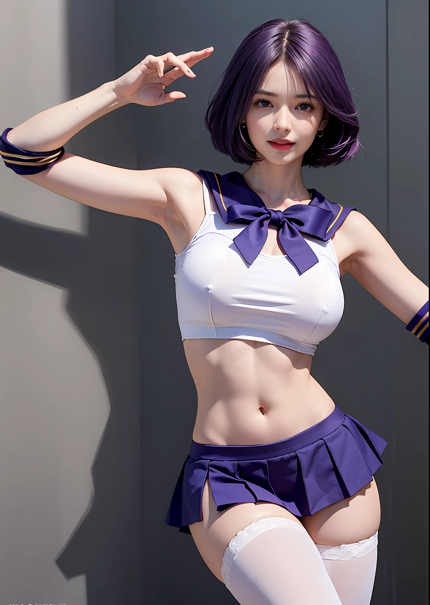 Best Quality, Ultra High Resolution, Masterpiece, RAW Photo, Realism: 1.6, 16K, ((Sailor Saturn)), (1girl with navel exposed), (Huge: 2, Thick thighs: 3), (Purple collar: 2) (Purple miniskirt: 2), (Short purple hair: 1.8), White stockings, (Sailor Saturn: 5), Dance Studio, Mature Smile, Dynamic Light and Shadow, Award-winning work