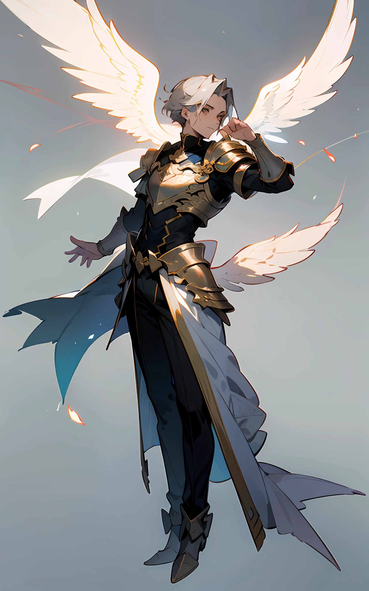 Angel in mithril scale armor, (2 pair of wing), (god white phoenix bow), ((bow pulling pose)), grey sky background, ((full body shot)), fly on sky, ((male)), ((4 wing))