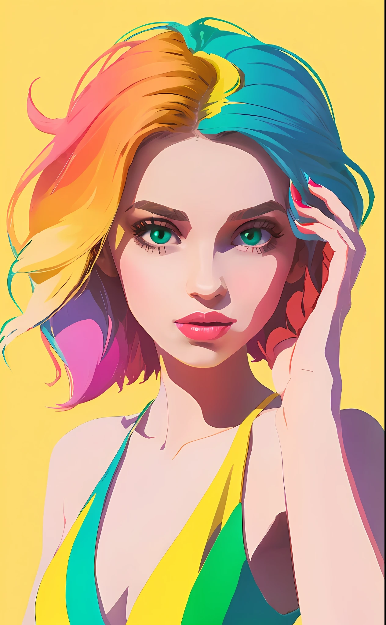 Cute Girl, Pink lips, Wearing an emerald dress, With an intense color palette style
Cyberpunk, Her animated illustrations
face, animated gif, hand-drawn
animation, charming sketches, Smooth and
Glossy, Hazy romanticism, superflat style, Yellow
Background - AR 1:1 - Rainbow - 5 - Style expressive - S 50