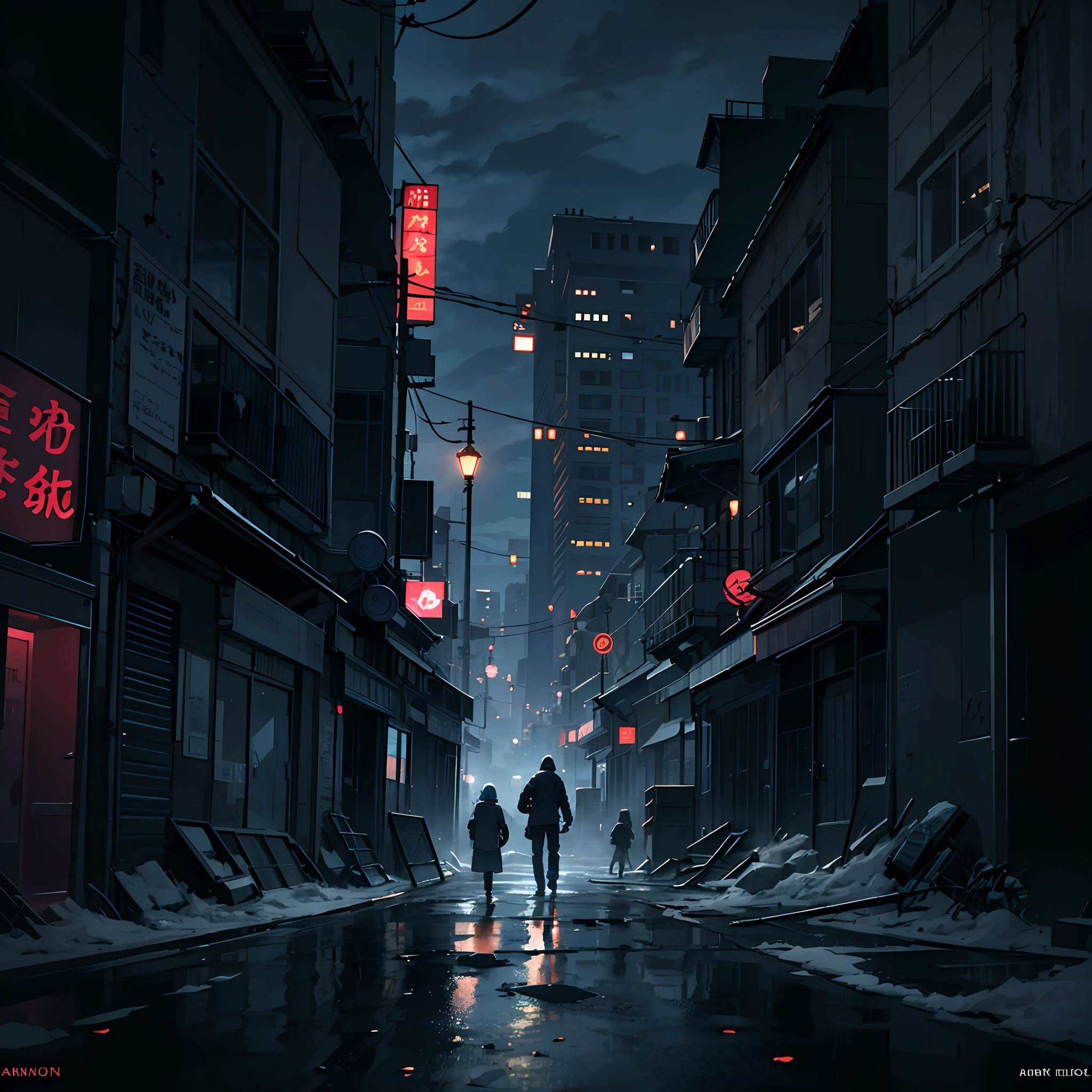 Frozen，Eschatological，Armageddon，废墟，Dark neon lights，rundown buildings，Desolate streets，dust kicked up，Struggle for survival，A spark of hope.