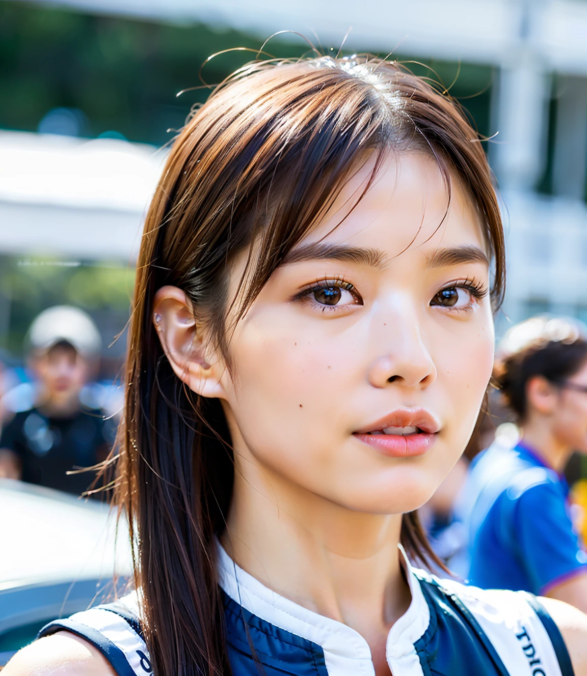 top-quality、masterpiece、超A high resolution、(photographrealistic:1.4)、(1girl in)、1人の女性、26 year old、(is standing)、(White racing suit)、Serious face、(browny short hair)、pony-tail hair(ultra detailed human face)、(ultradetailed teeth)、outside of house、(Raceway)、Pit Road、racecar、(8K、raw、proffesional、top-quality、masterpiece:1.2)、(realisitic、Photorealsitic:1.37)、The ultra-detailliert、(portlate)、(Highest Detail Skin:1.2)、(Highest Detail Face:1.2)、cinematlic lighting、1girll、Large, drooping eyes、Mole on the mouth、Unique facial features、Eyes are far away、Thick lip、Feeling of bare skin、女優、japanes
