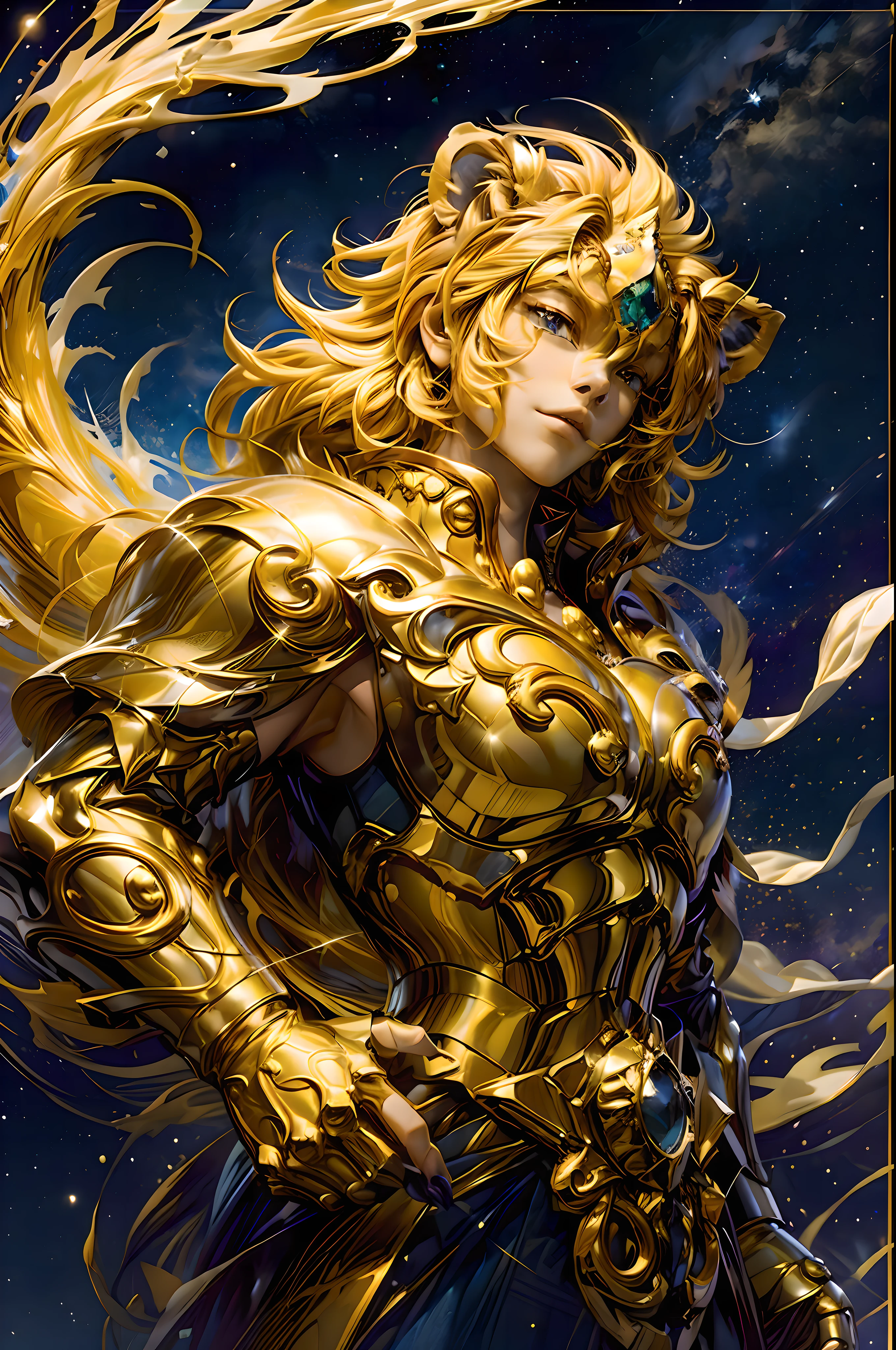 (tmasterpiece,hoang lap,high qulity,best qualtiy,hyper-detailing,big breasts beautiful),Magical golden Leo: Anthropomorphic representation of the magical golden Leo.
Yellow-haired people: A man with bright yellow hair, Exudes a captivating aura.
Lion companion: Stand next to people, The majestic lion is covered with a charming star motif.
Mysterious starry sky background: Vibrant, colorful galactic background, Shimmering with magic.