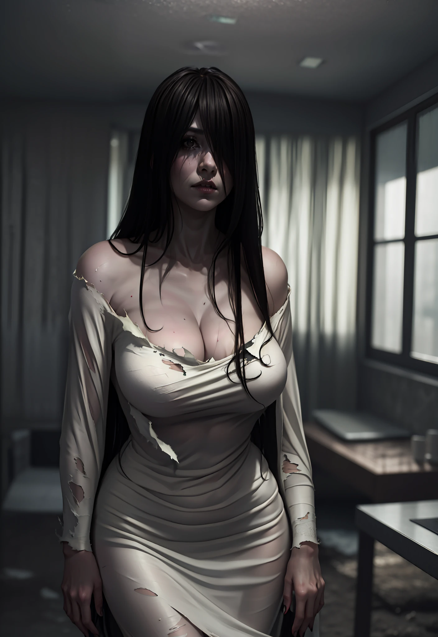 Realistic Japanese Horror movie taste picture, ((masterpiece)), (best quality), (absurdness quality), high resolution, 32k, (photorealistic:1.4), black hair, hyper realistic photo of Yamamura_Sadako, (((torn, sexy white dress))), ((grey skin)), long hair over eyes, eyes covered, hidden face by long hair, spooky, messy abandoned house, dark atmosphere, ultra huge cleavages, full body shot, entire room view, coming out from Television,