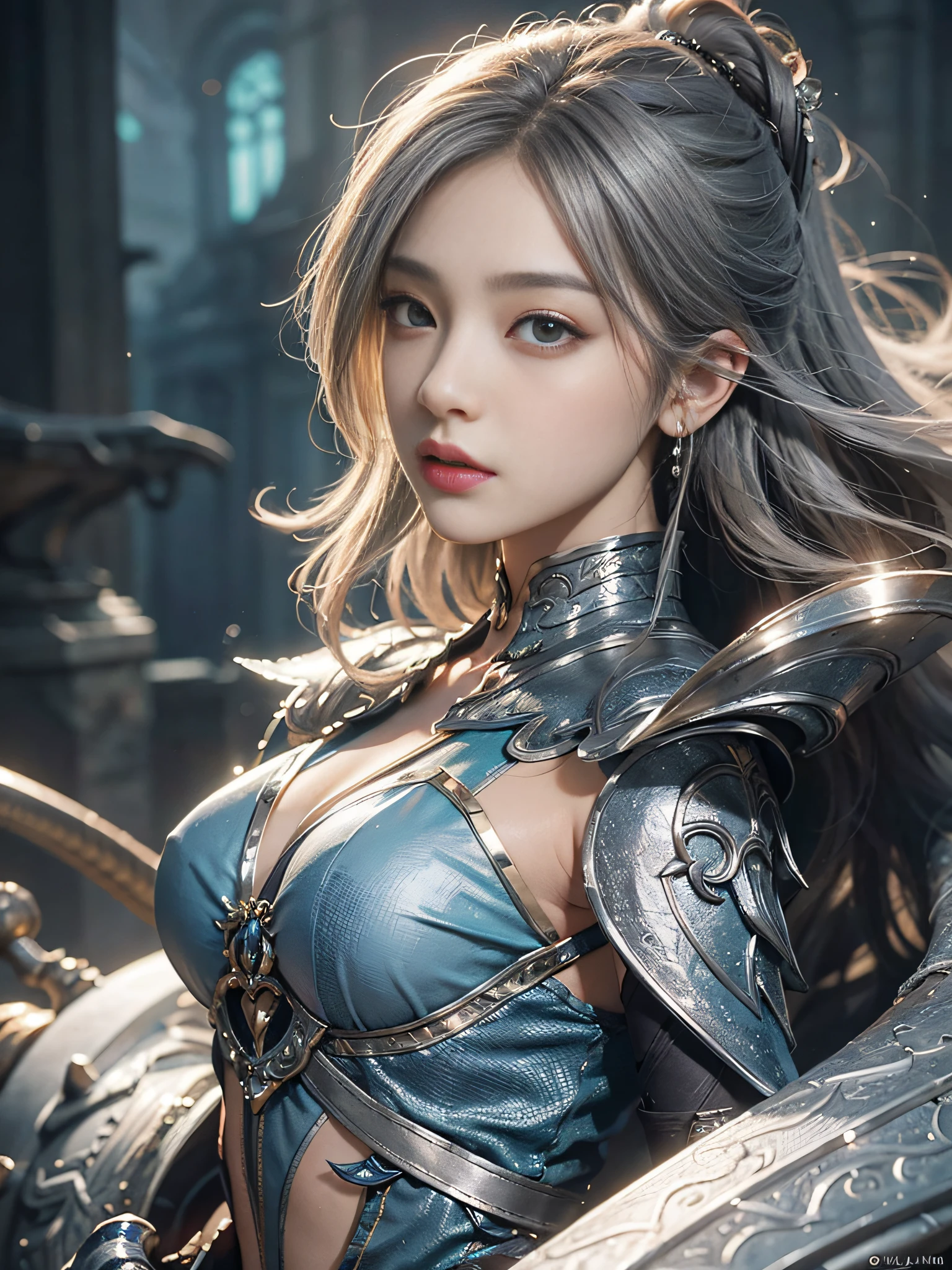 a close up of a woman in a silver and blue dress, chengwei pan on artstation, by Yang J, detailed fantasy art, stunning character art, fanart best artstation, epic exquisite character art, beautiful armor, extremely detailed artgerm, detailed digital anime art, artgerm on artstation pixiv, armor girl
