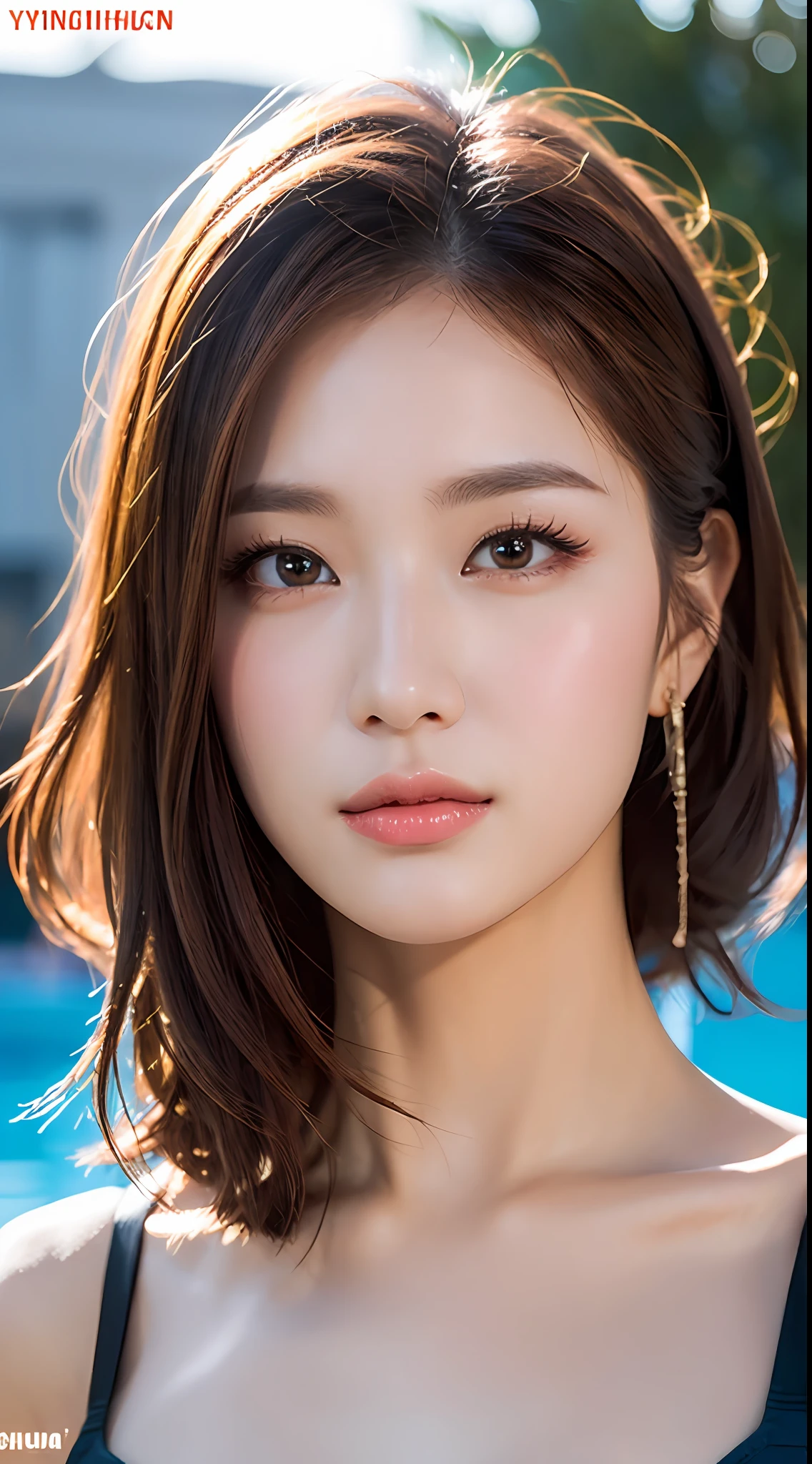 (yinchuan:1.5),, masterpiece, top-quality, Raw foto, Photorealsitic, large full breasts、beautiful and flawless face, Soft smile、20 years girl、Colossal tits、swimmning、swim wears、swimming pools、depth of fields, hight resolution, ultra-detailliert, finely detail, ighly detailed, extremely detailed eye and face, Sharp pupils,