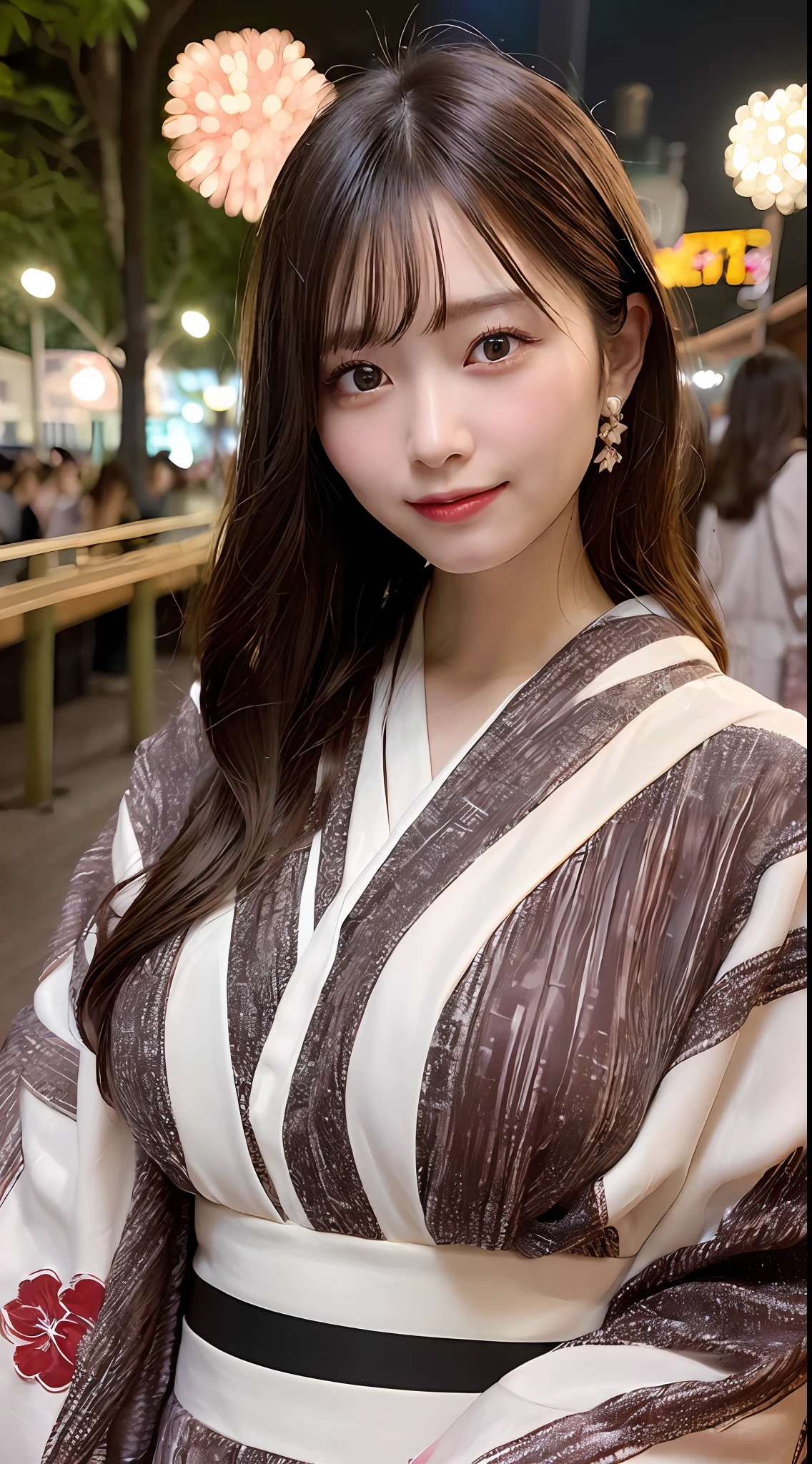((top-quality、8k wallpaper:1.3、masterpiece:1.3))、Beautiful Women in Perfect Style:1.4、Slender Abs:1.2、beautiful countenance、Delicate eyes、((dark brown hair、short-hair、huge tit:1.2))、(blanche、、with floral pattern、Kimono、:1.1)、Fireworks Festival:1.2、Highly detailed facial and skin texture、A detailed eye、二重まぶた、Fireworks Festival、Cute smile、fully body photo