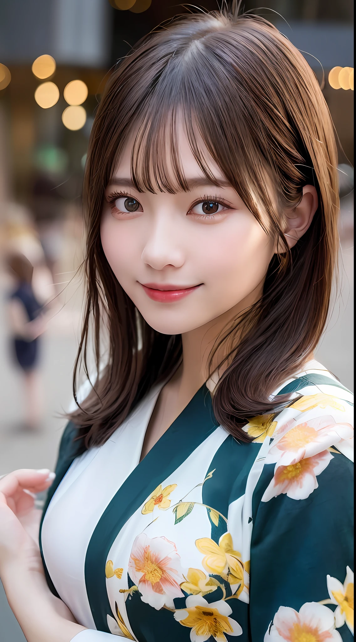 ((top-quality、8k wallpaper:1.3、masterpiece:1.3))、Beautiful Women in Perfect Style:1.4、Slender Abs:1.2、beautiful countenance、Delicat eyes((dark brown hair、short-hair、huge tit:1.2))、(blanche、、with floral pattern、Kimono、:1.1)、Fireworks Festival:1.2、Highly detailed facial and skin texture、A detailed eye、二重まぶた、Fireworks Festival、a smile