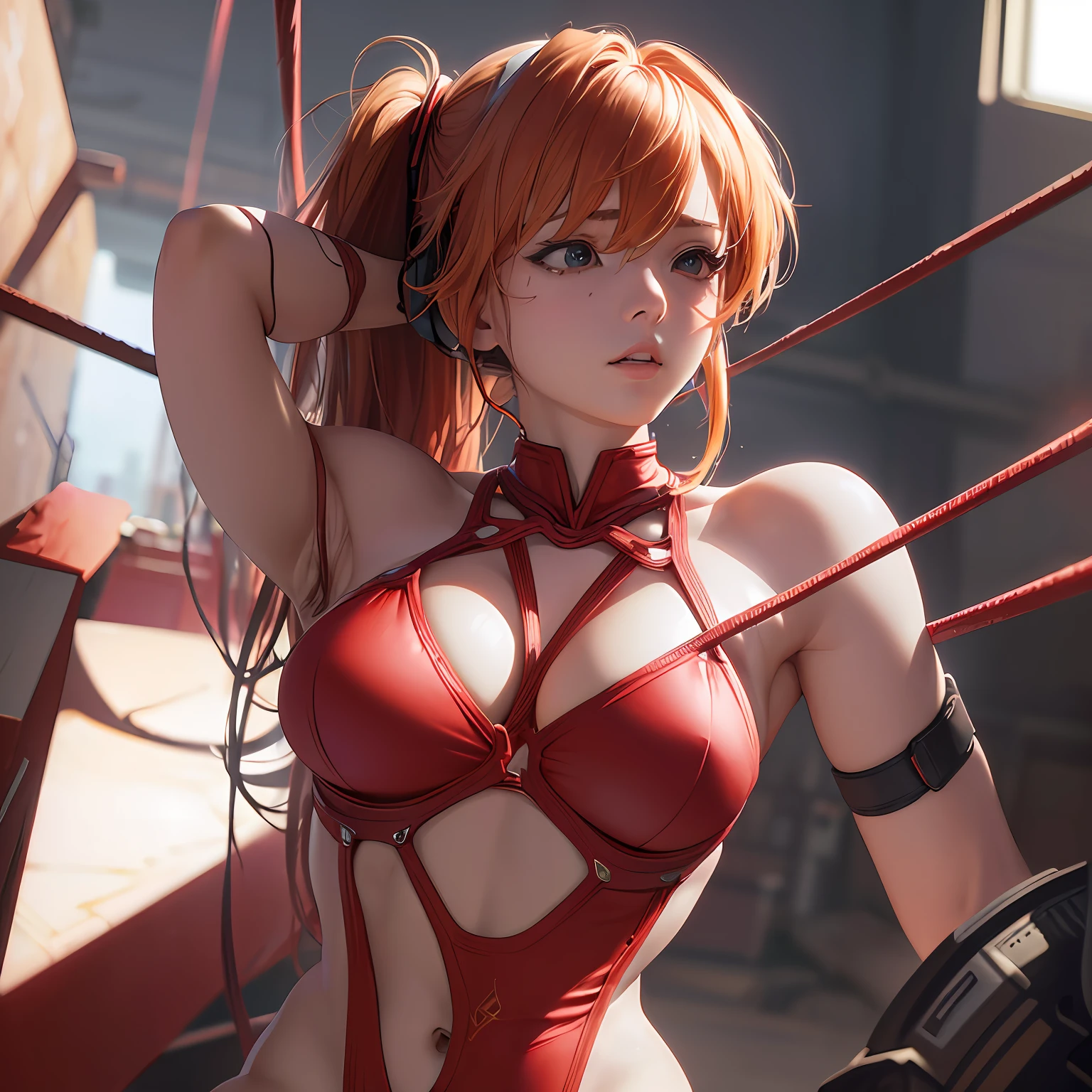 ((Masterpiece,Best quality,hyper-high detail)), inside a warehouse, On the table, souryuu asuka langley, Textured skin, Interface headset, red leotard, Rope bondage, full body shot shot, Overlooking, Cinematic lighting, Retina screen, (Realistic:1.9) --auto