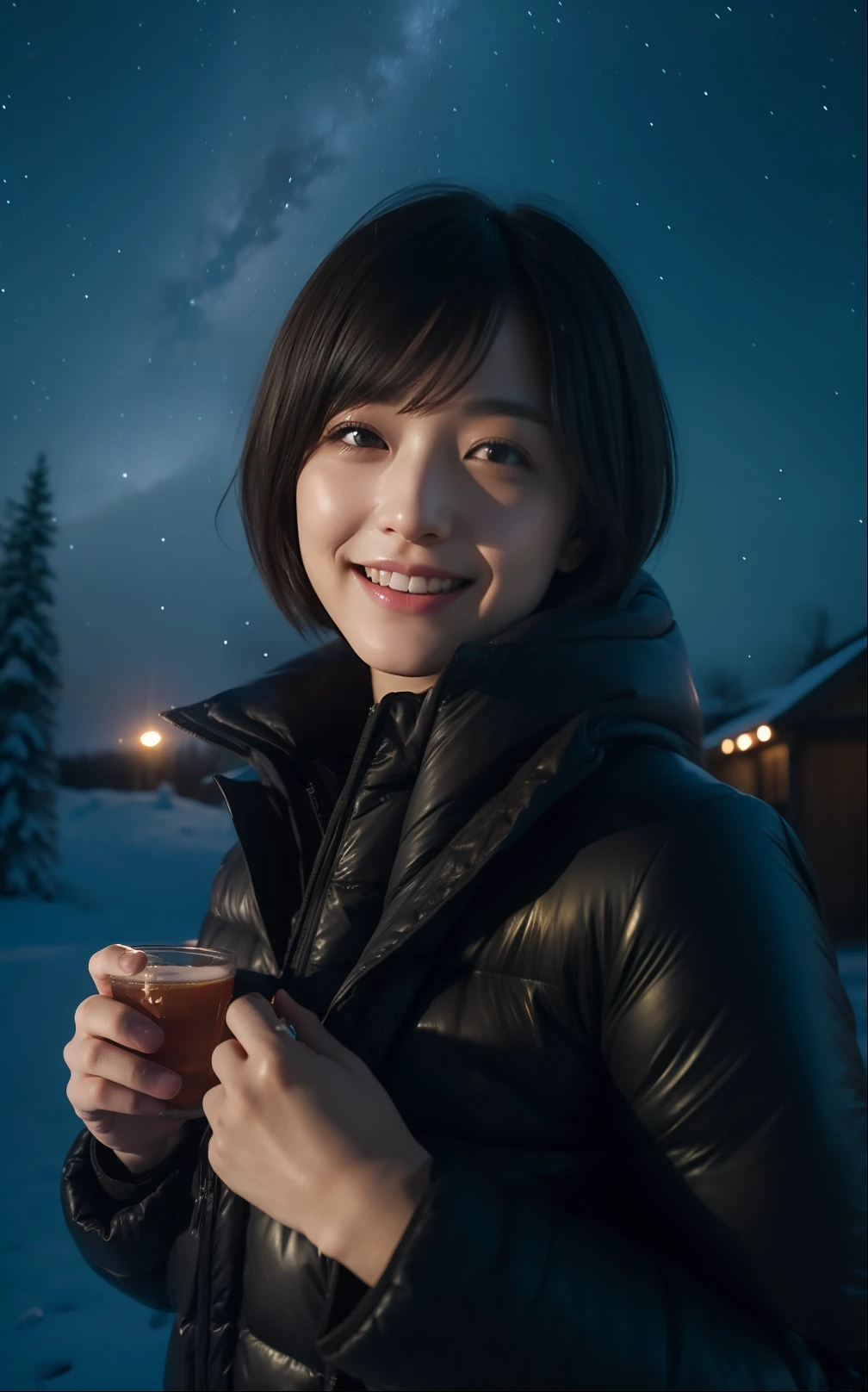 Cute Japan woman in short cut enjoying campfire under the winter starry sky、It's snowing、Photorealsitic, highcontrast, 8K HD, detaileds, realistic skin textures, top-quality, 超A high resolution, Raw photo, Dramatic Lighting, unrealengine, Short-cut hairstyles、Beautiful girl model、detaile, hyperdetails, realistic skin textures,Very meticulously