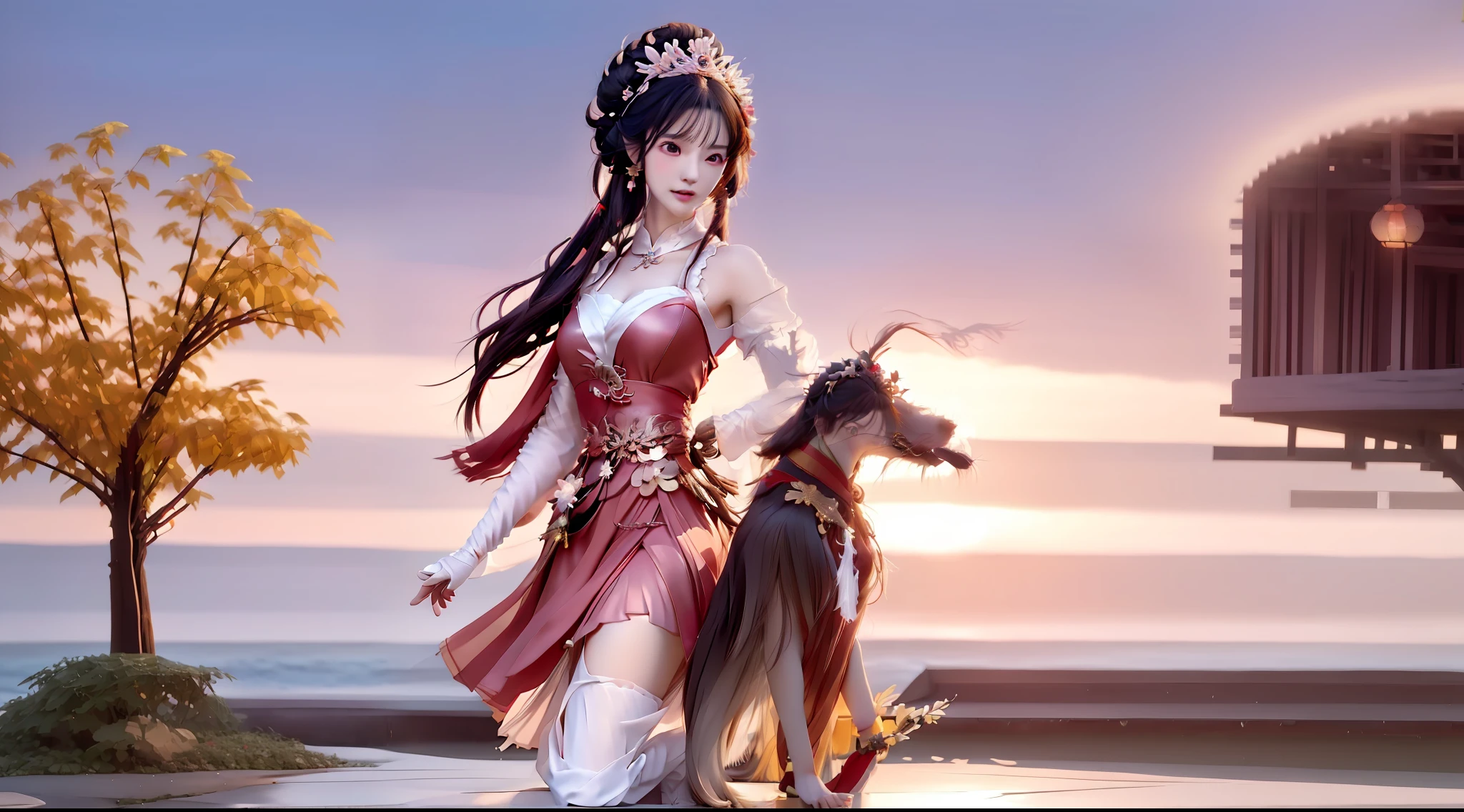 Anime girl wearing red dress with dog and red scarf, Ruan Jia and Artgerm, Artgerm and Ruan Jia, inspired by Li Mei-shu, WLOP and Sakimichan, Artgerm Plat, by Yang J, inspired by Park Hua, Extremely detailed Artgerm, Onmyoji detailed art, bian lian,white stockings
