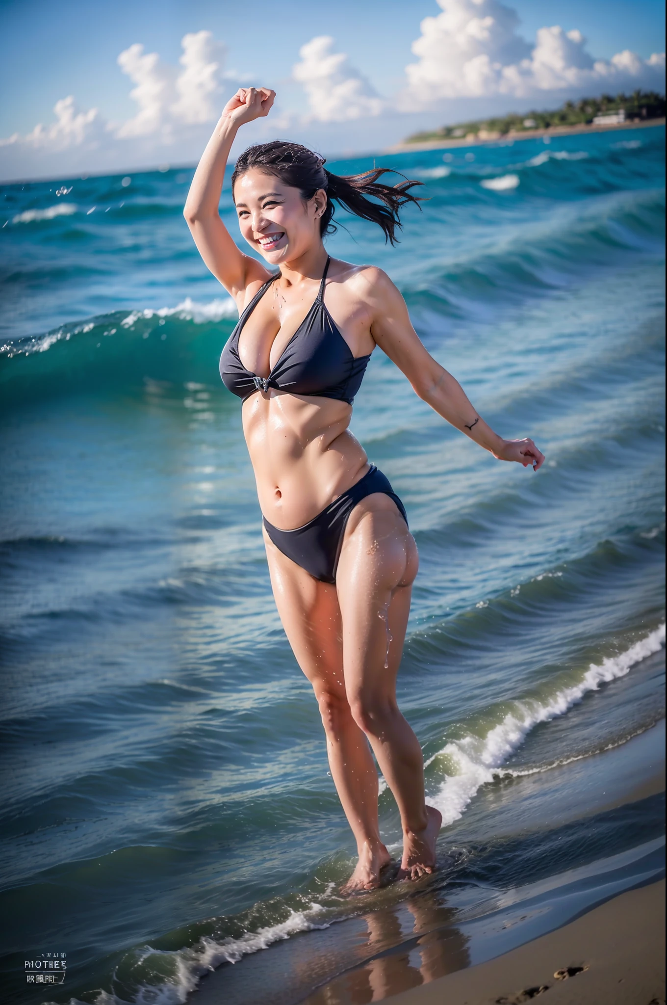 best qualtiy、masterpiece、fidelity:1.3、超A high resolution、(Photorealsitic:1.4)、1 Most Beautiful Mature Woman in Japan(Obscene big breasts:1.4、Bob Hair)、Obscene mom、Entering the sea and getting wet skin、The ultra -The high-definition、Showing off your swimsuit at sea、the beach、Obscene legs、High-leg swimsuit with the smallest area、Bursting smile、Perfect Style、Obscene body lines with maternal nature、Frolicking、sand beach