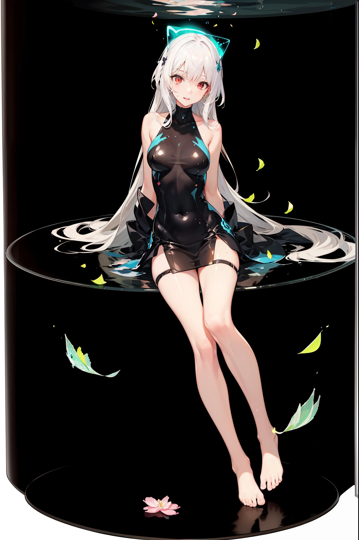 [(Transparent background:1.5)::5],(((Masterpiece))),(((Best quality))),(((Extremely detailed))),illustration, 1girll,Solo,mysterious,vivd colour,Shiny, Underwater transparent sealed hemispherical glass dome, White hair,Red eyes, full body,Barefoot,Long hair is calm and natural, Koi,Underwater, Dome,Close up,Dynamic actions,Lens perspective,(((Box composition))),sitting cross-legged，Leaning against the bookshelf,, (Detailed face:1.2),Shiny eyes, view the viewer,(PureErosFace_V1:0.8), Cityscape,1girll,Solo,tightsuit,(fishnets pantyhose|off the shoulder dress:0.8),Wet,,view the viewer,(eyeslashes:1.1), (cheerfulness:1.21),(Depth of field:1.1), Lens flare, (color difference:1.1), (Caustics:1.1), (scattered luminous petals:1.331), (Style - GBF:0.75),(Highly detailed face:1.1),tiktok,Dynamic Angle,(wide angles:1.1),(Portrait:0.5)