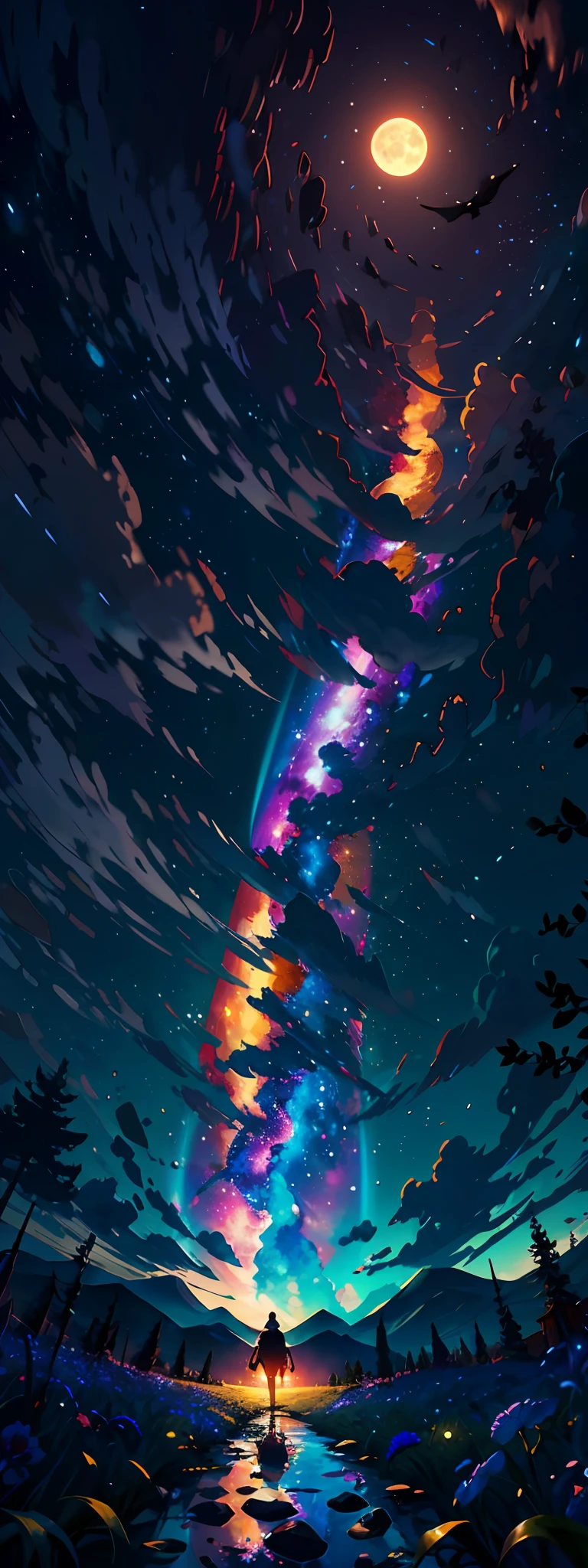 A wide landscape photo, (viewed from below, the sky is above, and the open field is below), a girl standing on a flower field looking up, (full moon: 1.2), (meteor: 0.9), (nebula: 1.3), distant mountains , Trees BREAK Crafting Art, (Warm Light: 1.2), (Firefly: 1.2), Lights, Lots of Purple and Orange, Intricate Details, Volumetric Lighting BREAK (Masterpiece: 1.2), (Best Quality), 4k, Ultra Detailed, (Dynamic Composition: 1.4), Rich in Detail and Color, (Rainbow Color: 1.2), (Glow, Atmospheric Lighting), Dreamy, Magical, (Solo: 1.2)