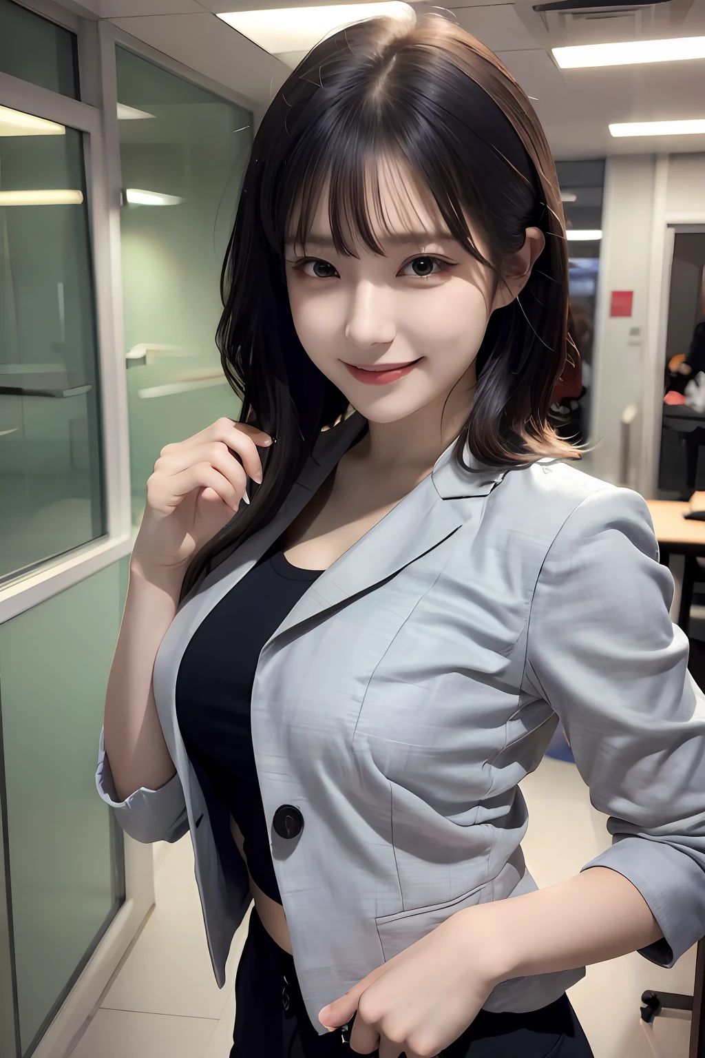 (8k, RAW photo, ultra high res, best quality, masterpiece:1.2), (realistic illustration), (extremely detailed CG unity 8k wallpaper), absurdres,
1 girl,21 yo, beautiful face,medium breasts,black medium hair,smile,tilting head,grin,upper body,slim fit pants,gray tailored jacket,office,upper body、乃木坂アイドル、女優、韓国アイドル