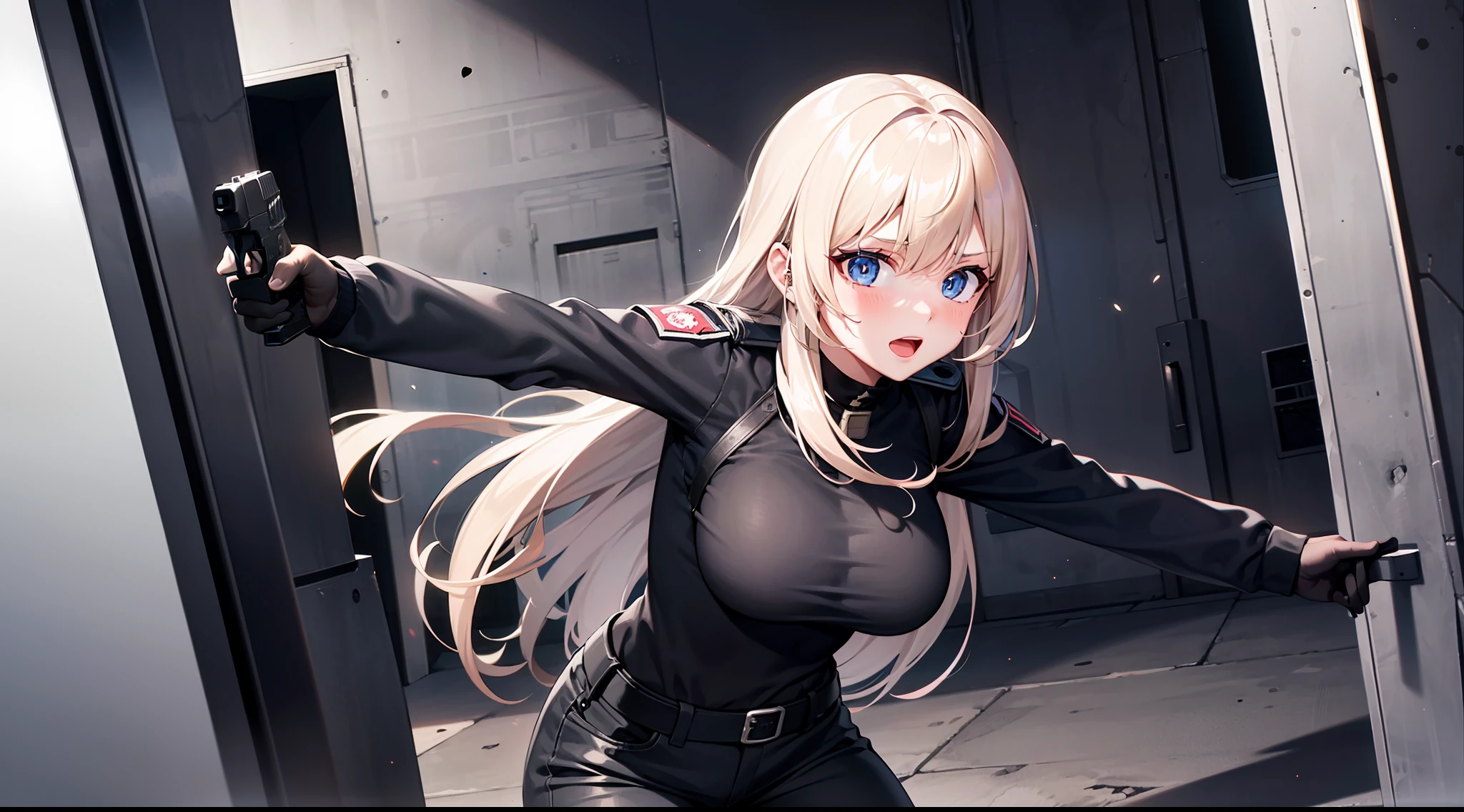 1 girl, hand gun, dynamic entry, in the dark warehouse, black clothes, special operations, special force, cinematic action, dynamic