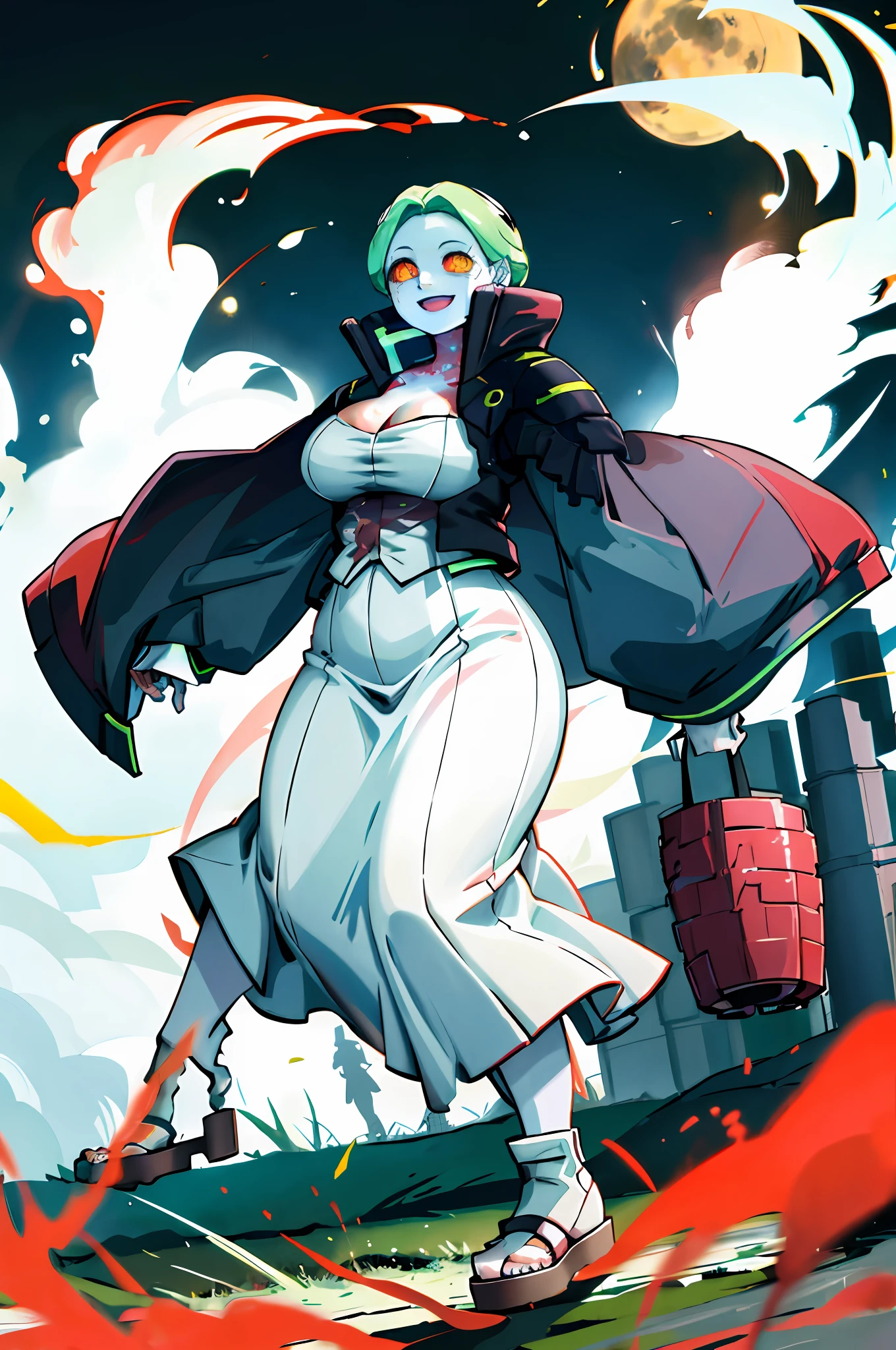 rebecca \(cyberpunk\), mechanical eye, colored sclera, red sclera, colored skin, white skin,1girl, red pupils, long skirt, curvy, thicc, walking, vest, long skirt, tall girl, iceland tundra, happy, smile, forest, big breast, flip flops