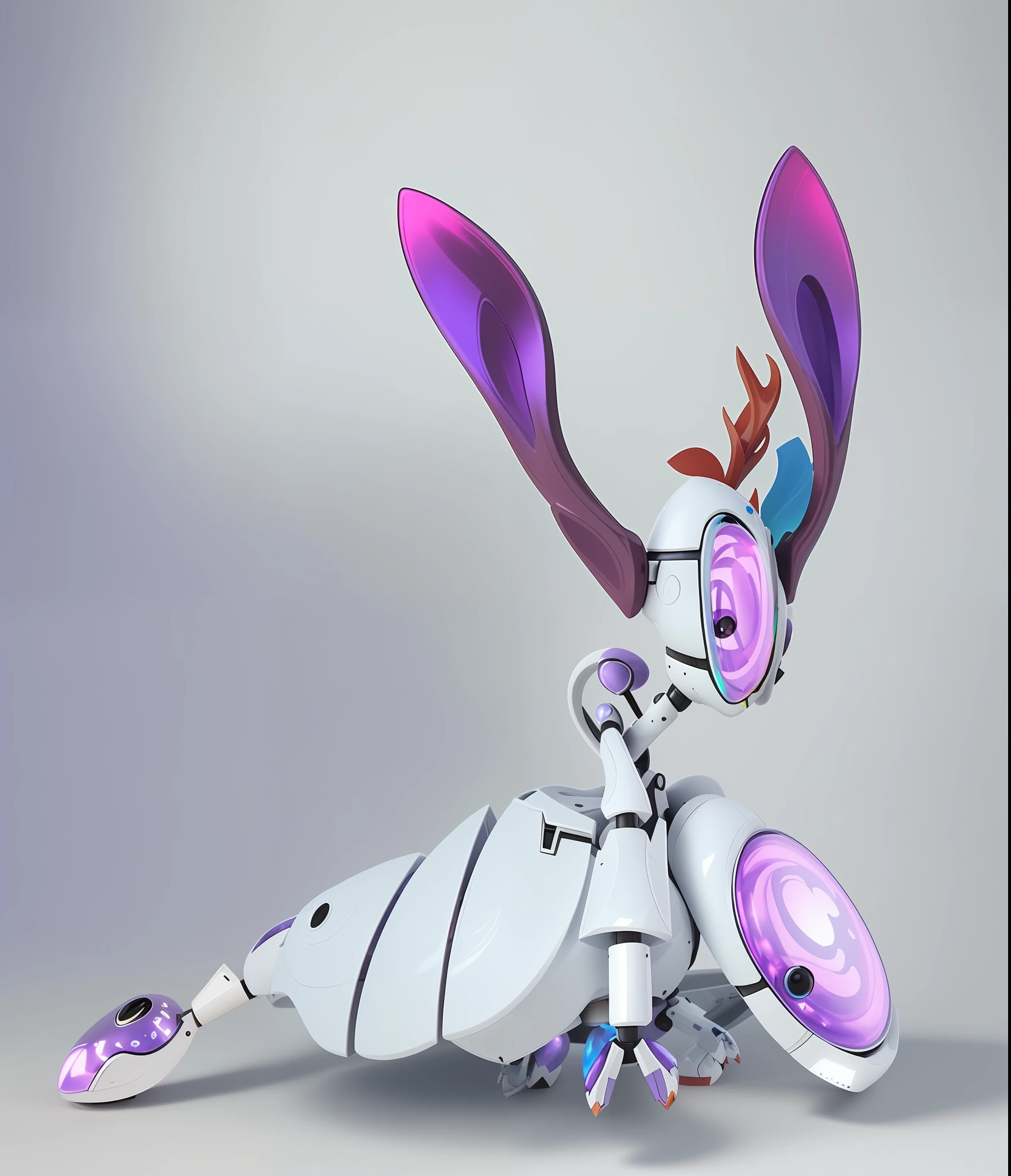 There is a white and purple sculpture of a rabbit with a purple tail, ciborgue jackalope cyberpunk, rabbit robot, Holographic creatures, brinquedo de arte, feito de metal branco brilhante, singularity sculpted �ー etsy, brinquedos de arte, anime robotic mixed with organic, imagem detalhada, purple ancient antler deity, made of liquid purple metal, fully posable, pvc poseable