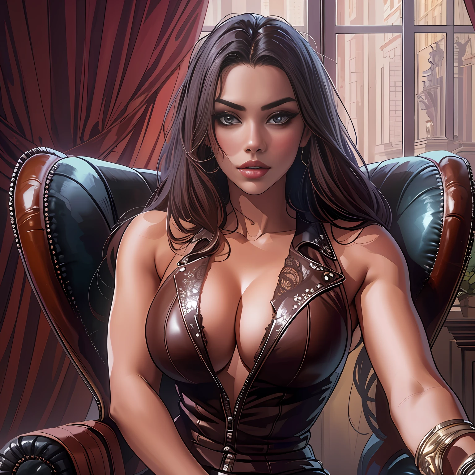 a beautiful girl, 1girl, sitting on a high backed leather chair, looking at the camera, seductive, , big breaoks at the viewer,