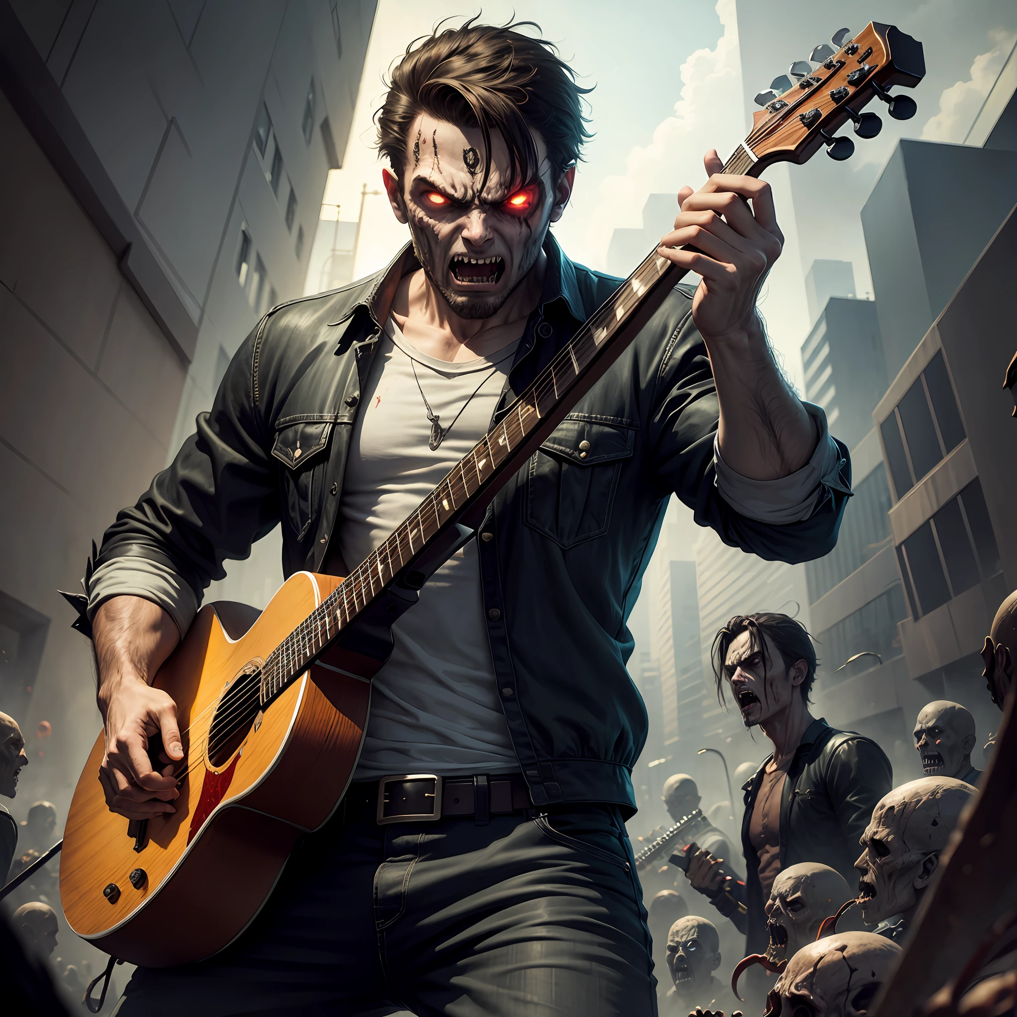 Homem de meia idade，Guitar in hand，Angry attacks，There are a lot of zombies around，The end of the world，