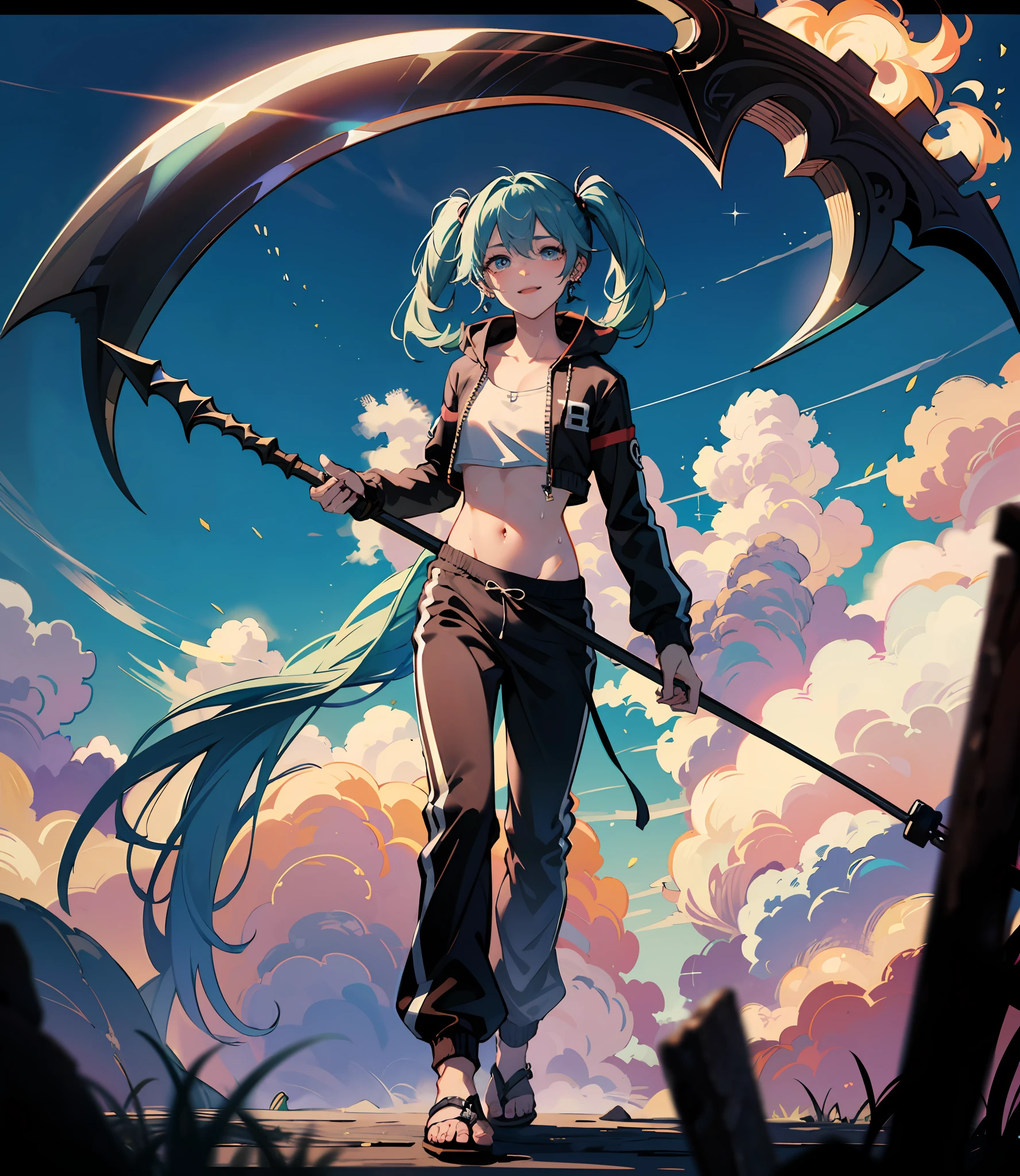 (absurderes、hight resolution、ultra-detailliert)、masterpiece、top-quality、Boy with a scythe、独奏、miku hatsune、Twin-tailed、blue eyess、ear piercings、finely eye and detailed face、((Joggers、sweat pant、sandal))、Sickle design、Complex scythe、Fantasy scythe、evil smile、Dramatic skies、Isolated land、looking-down、spark of light、whirlpool、Um ser celestial、Full of elements