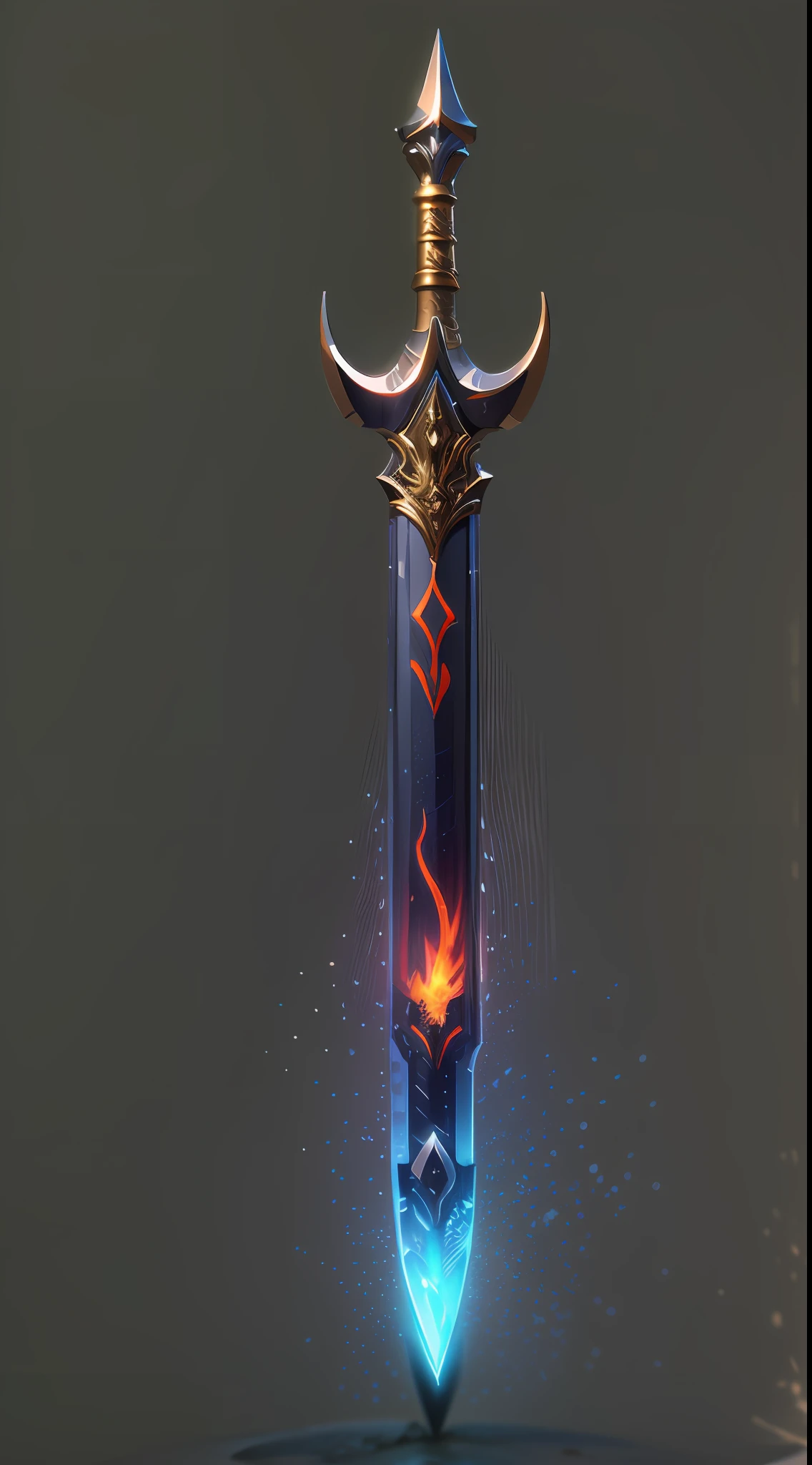 Close-up of medium and close shots，（A sharp flame sword：1.3），Slightly longer hilt，（The sword body is filled with red flame particle effects：1.3），（Blue sword qi entwined：1.3），（The Flame Sword was suspended in the vast stone cave；1.3），The cave has a pool，Complicated details，metalictexture，Metal tension，8K，octaneratingrendering，3D,C4D,hyper HD，Ultra photo realsisim，Photorealistic photos，Best Picture Quality，Highest high resolution，（（（No Man：1.3）））