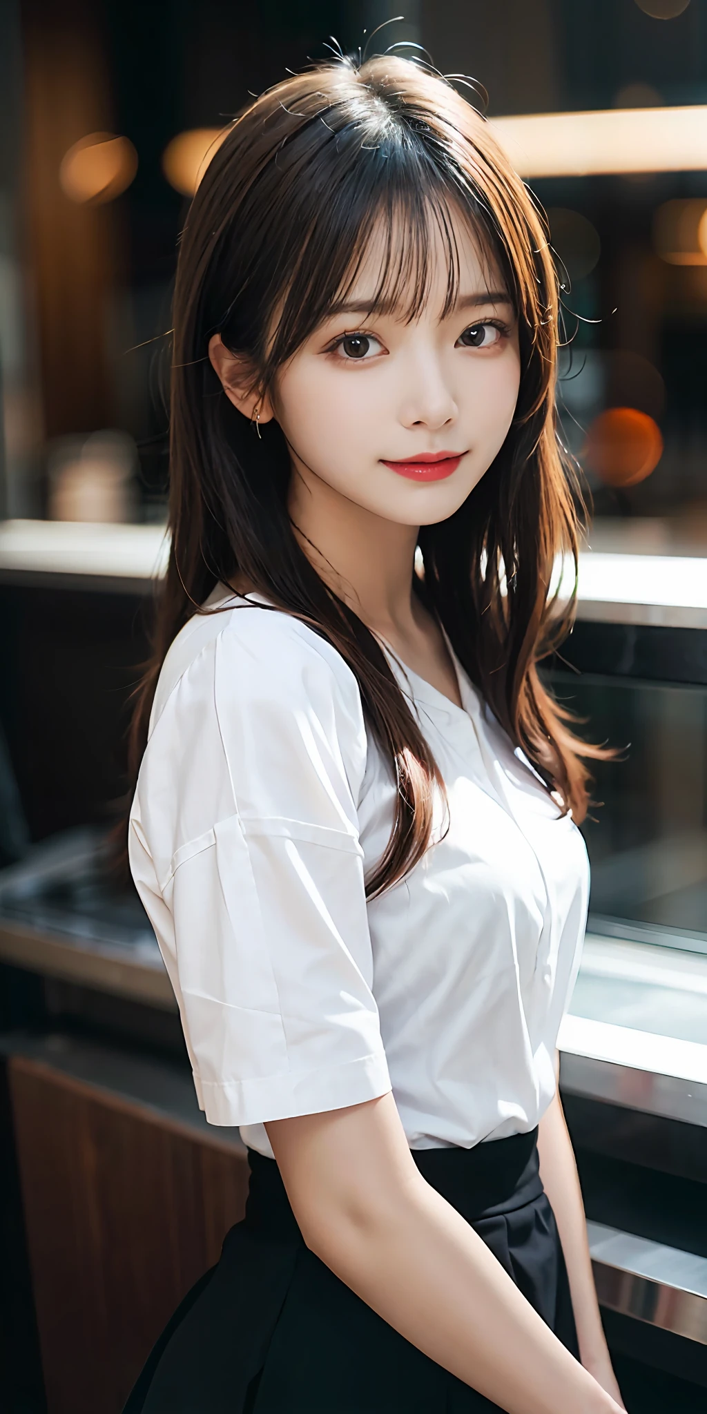 （RAW photos：1.2），high high quality，beautiful details girl，ssmile，Highly detailed eyes and face，beatiful detailed eyes，A high resolution，A high resolution，8k wallpaper，finely detailled，Highly detailed stock code uniform 8k wallpaper，light in face，cinmatic lighting，16 year old girl，pleatedskirt，（photo-realism：1.4），illustratio，ultra-realistic realism， look from down，super detailing，tmasterpiece，Photorealistic photos，Photorealistic photos