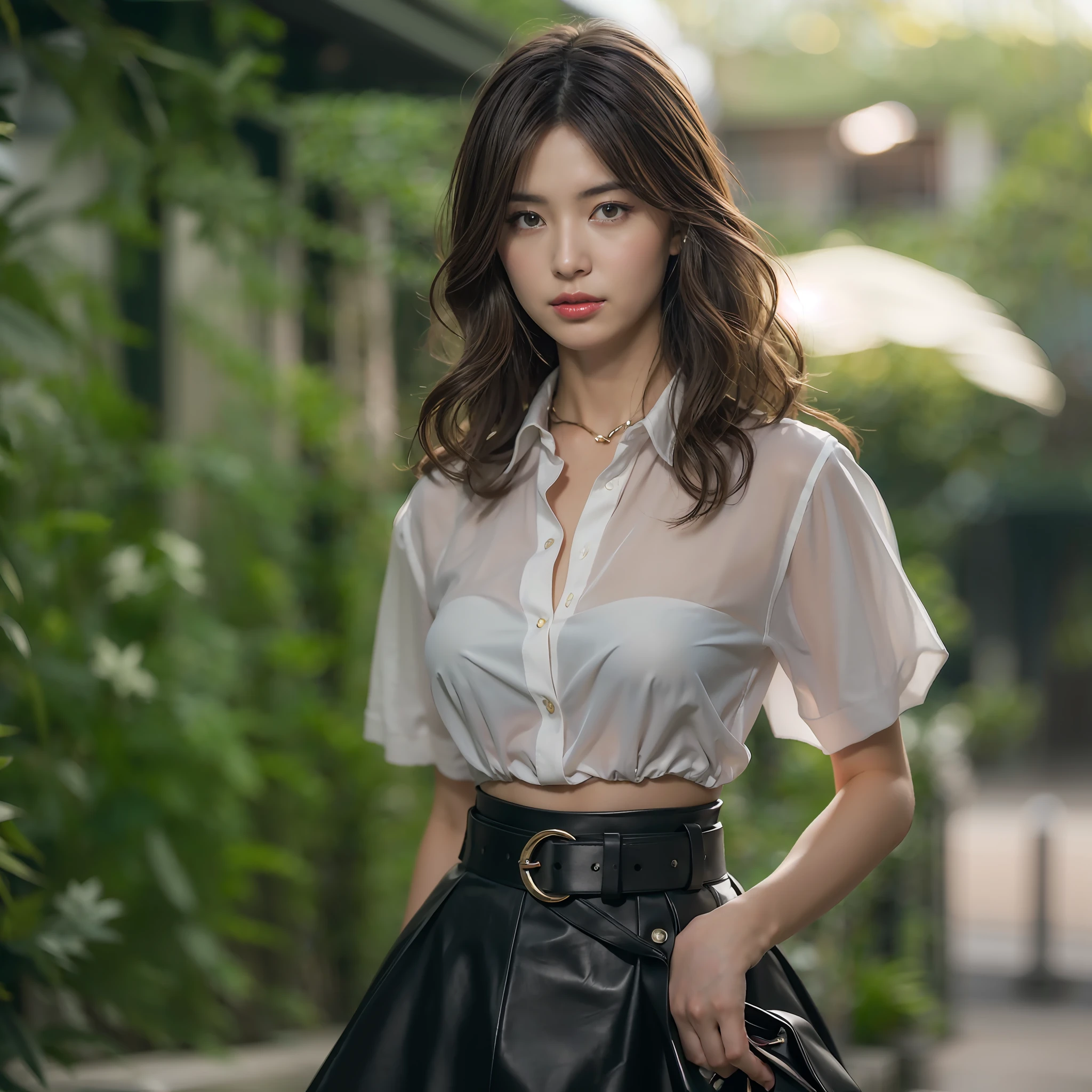 (masterpiece:1.3), (8K, Photorealsitic, Raw photography, top-quality: 1.4), (1girl in), A pretty woman with perfect figure:1.4, cute face, beautiful countenance, (Lifelike face), Beautiful hairstyle, realisticeyes, beautiful detail, (real looking skin), Beautiful skins, enticing, The ultra -The high-definition, A hyper-realistic, ighly detailed, (small tits:1.3), (cleavage of the breast:0.8)、White button-up shirt、a belt、Black leather tight skirt、Like Emily O'Hara Ratajkowski Japan, Semi-long curly hair、bangss、(Brown hair、small tits1.3)、(slim figure))、Kojiri、、Fashion Model Pose、is standing