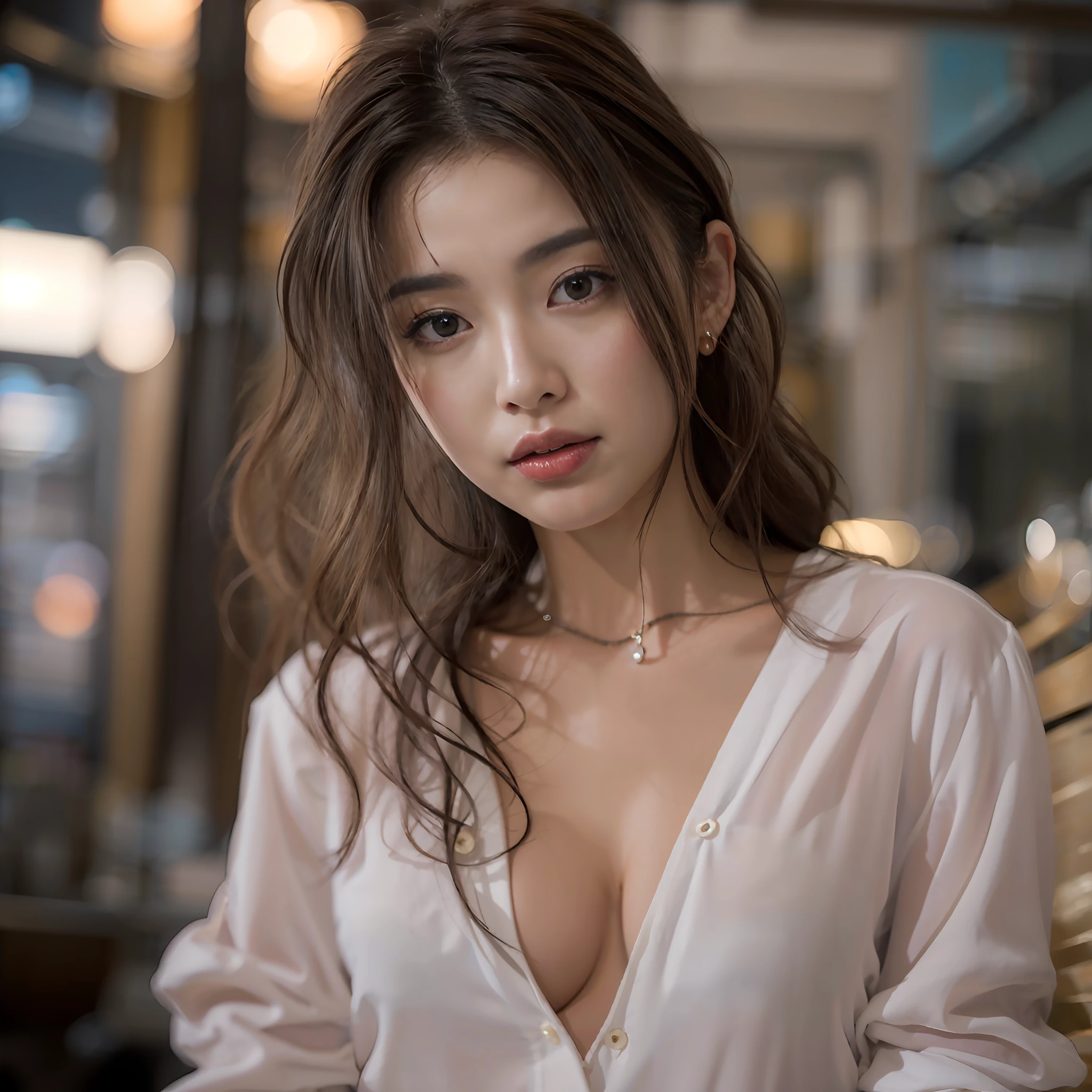 (​masterpiece:1.3), (8K, Photorealsitic, Raw photography, top-quality: 1.4), (1girl in), A pretty woman with perfect figure:1.4, cute  face, beautiful countenance, (Lifelike face), Beautiful hairstyle, realisticeyes, beautiful detail, (real looking skin), Beautiful skins, enticing, The ultra -The high-definition, A hyper-realistic, ighly detailed, (small tits:1.3), (cleavage of the breast:0.8)、White button-up shirt、a belt、Black leather tight skirt、Like Emily O'Hara Ratajkowski Japan, Semi-long curly hair、bangss、(Brown hair、small tits1.3)、(slim figure))、Kojiri、、Fashion Model Pose、is standing