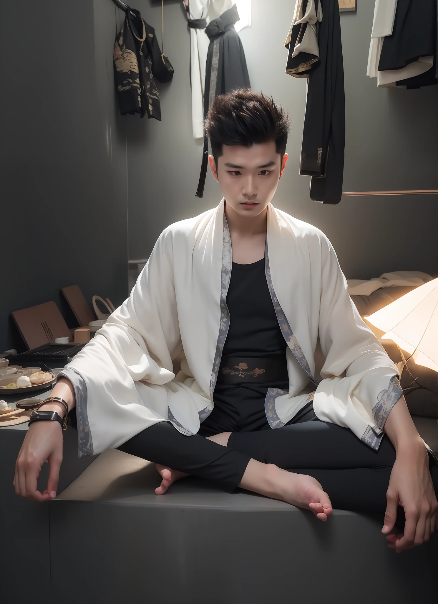 arafed man sitting on a ledge in a dressing room, wearing a long flowing robe, wearing a haori, wearing simple robes, wearing a simple robe, taoist robe, with acient chinese clothes, inspired by Zhang Han, inspired by Gong Kai, wearing white robe, zen méditation cyberpunk, white daoist robes