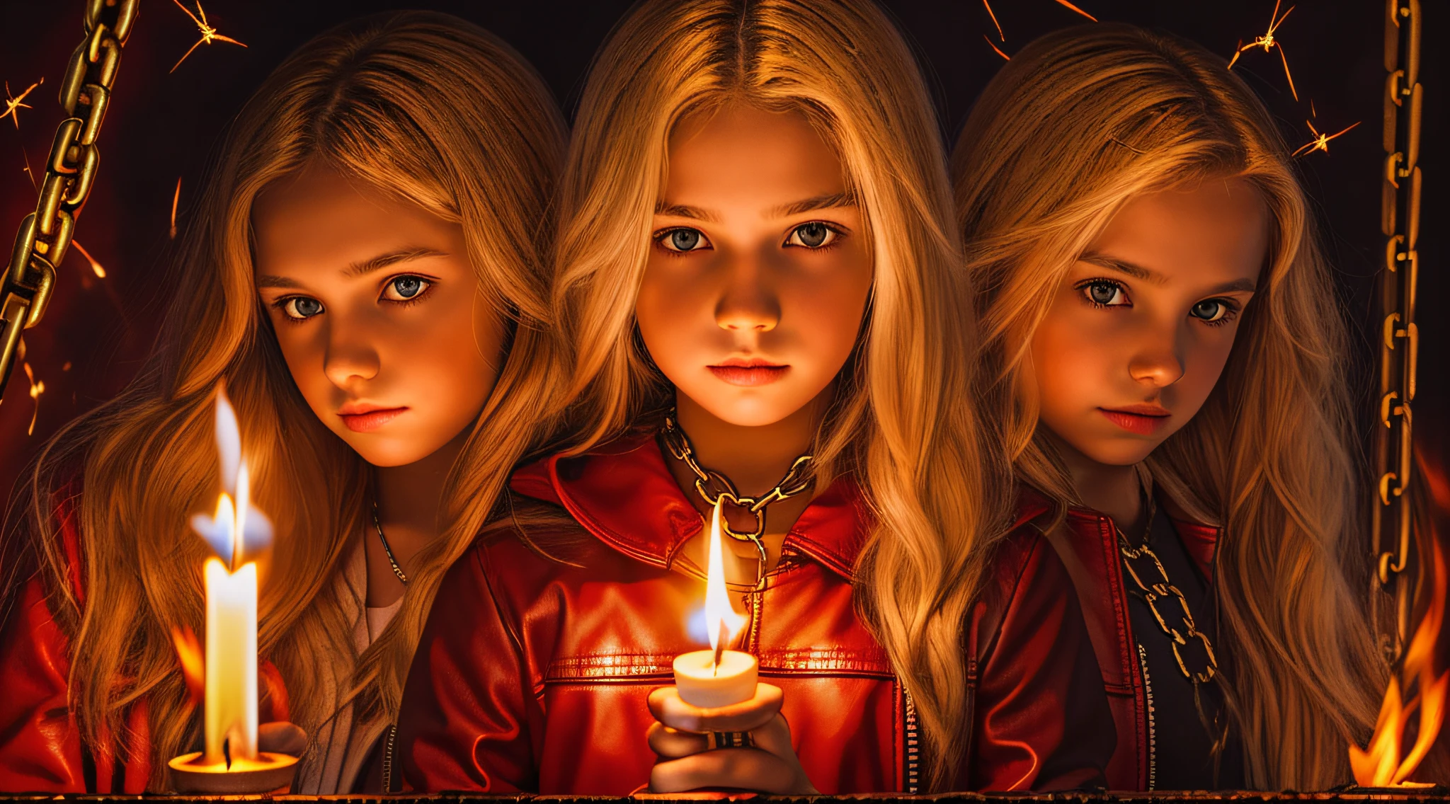 A half body, portrait of 3 girls German children long blonde hair of 12 years, red leather jackets, holding in their hands a cross, background of chains, chain, more chains, many chains, , red, red fire, many background flames. A FEW CANDLES LIT,