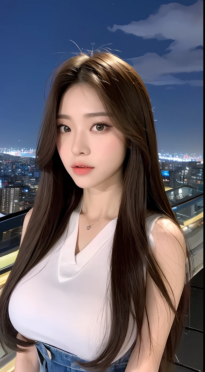 ((Midnight, Best quality, 8k, Masterpiece :1.3)), Whole body, Long legs, Sharp focus :1.2, A pretty woman with perfect figure :1.4, Slender abs :1.1, ((Dark brown hair,Gigantic breasts :1.2)), (White tight tshirt, Jean bib, Standing:1.2), ((Night city view, Rooftop:1.3)), Highly detailed face and skin texture, Detailed eyes, Double eyelid