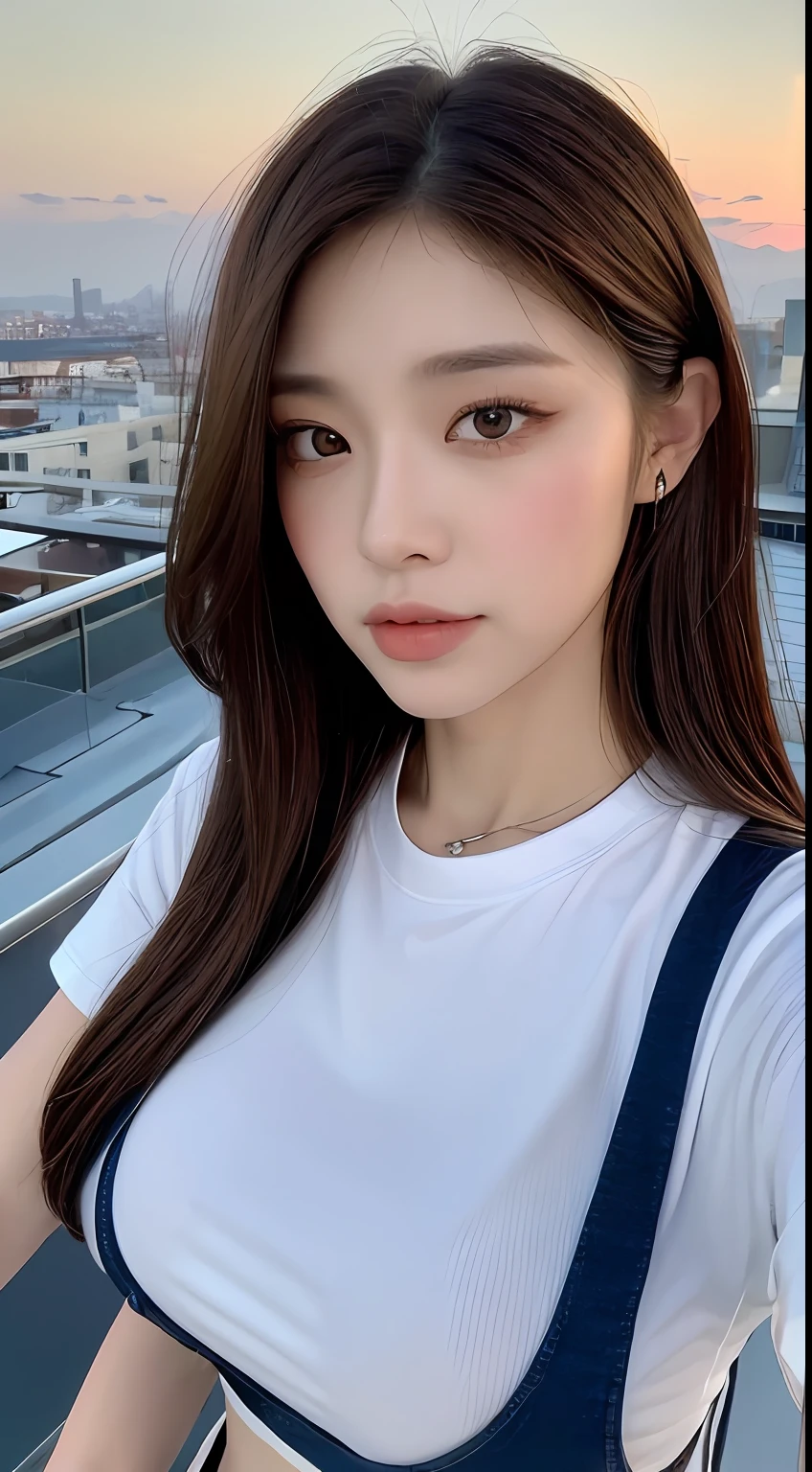 ((Midnight, Best quality, 8k, Masterpiece :1.3)), Whole body, Long legs, Sharp focus :1.2, A pretty woman with perfect figure :1.4, Slender abs :1.1, ((Dark brown hair,Gigantic breasts :1.2)), (White tight tshirt, Jean bib, Standing:1.2), ((Night city view, Rooftop:1.3)), Highly detailed face and skin texture, Detailed eyes, Double eyelid