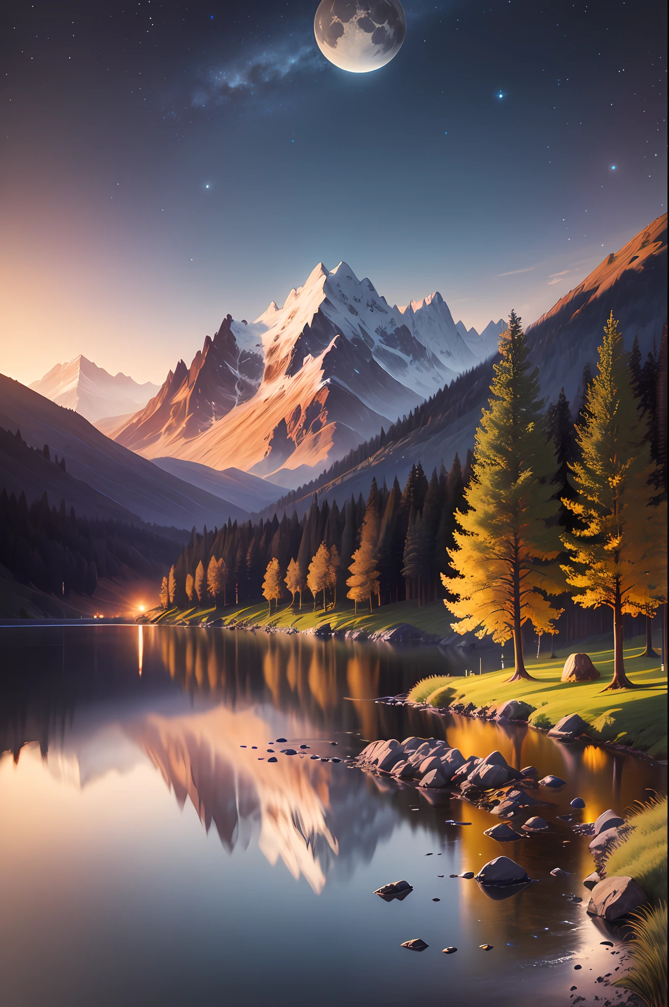 Very starry night,There is a wyvern in the distance,A giant moon behind the mountains。A tranquil lake reflects the night。realistic scene,the detail,Photorealistic photorealism,8k,