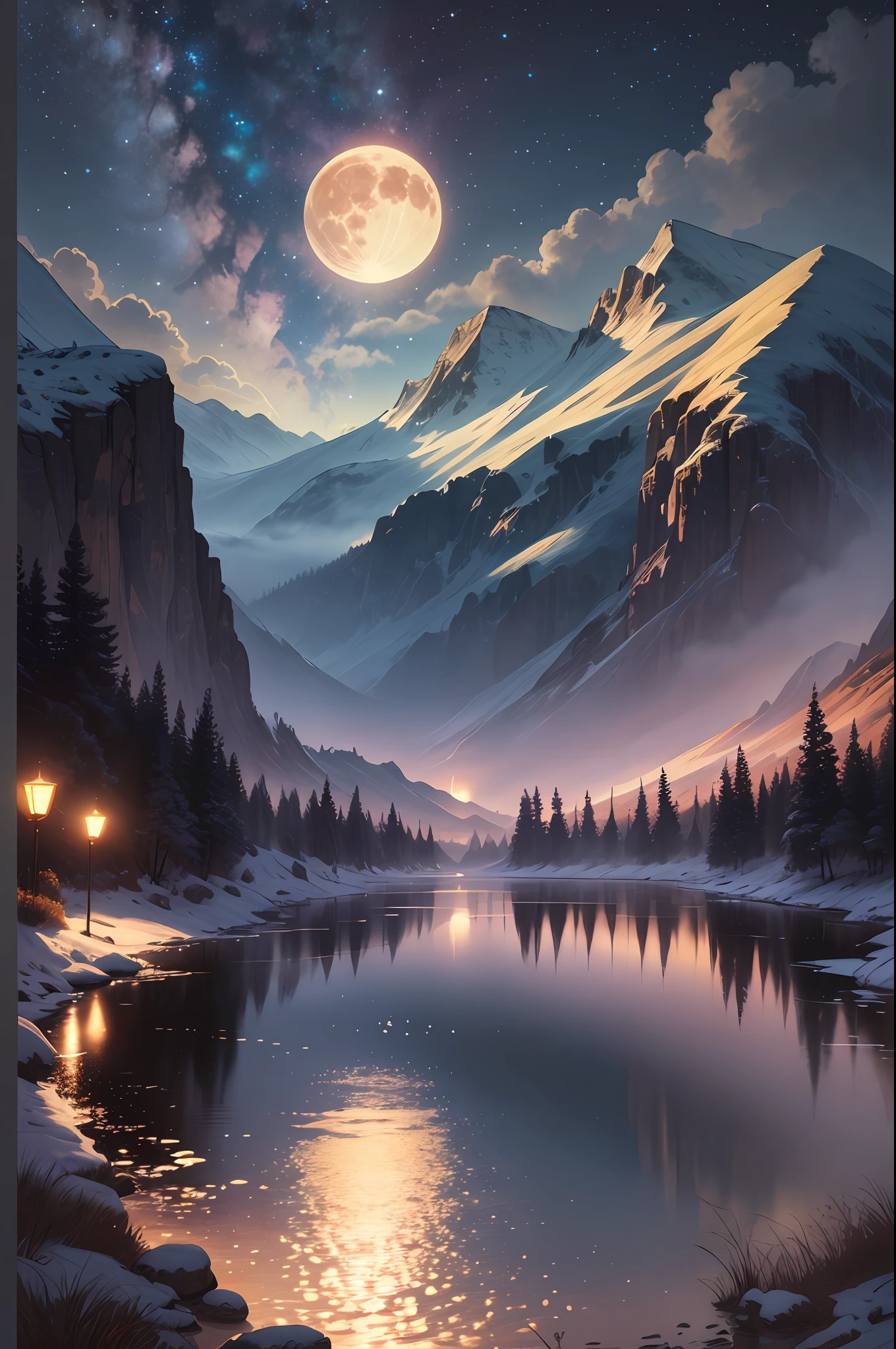 Very starry night,There is a wyvern in the distance,A giant moon behind the mountains。A tranquil lake reflects the night。realistic scene,the detail,Photorealistic photorealism,8k,