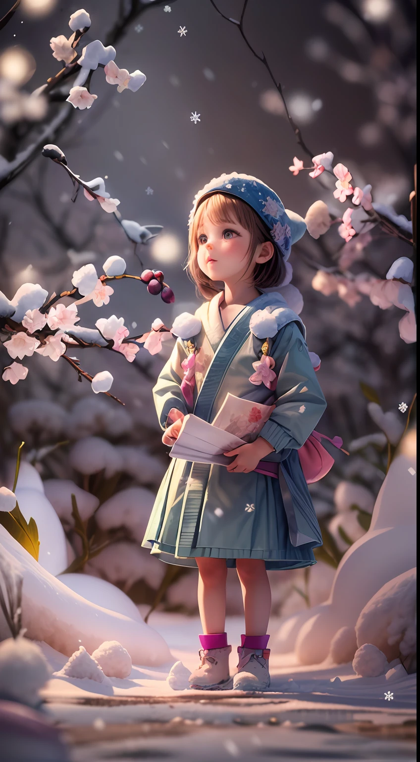 illustration: 1.3), (paper art: 1.4) a 3D render, , (cute female child:1.3), (Representative work plum blossoms:1.2)(Masterpiece snow:1.2) , Colorful, Best quality, Detailed details, Masterpiece, offcial art, movie light effect, 4K, Chiaroscuro , Flash
