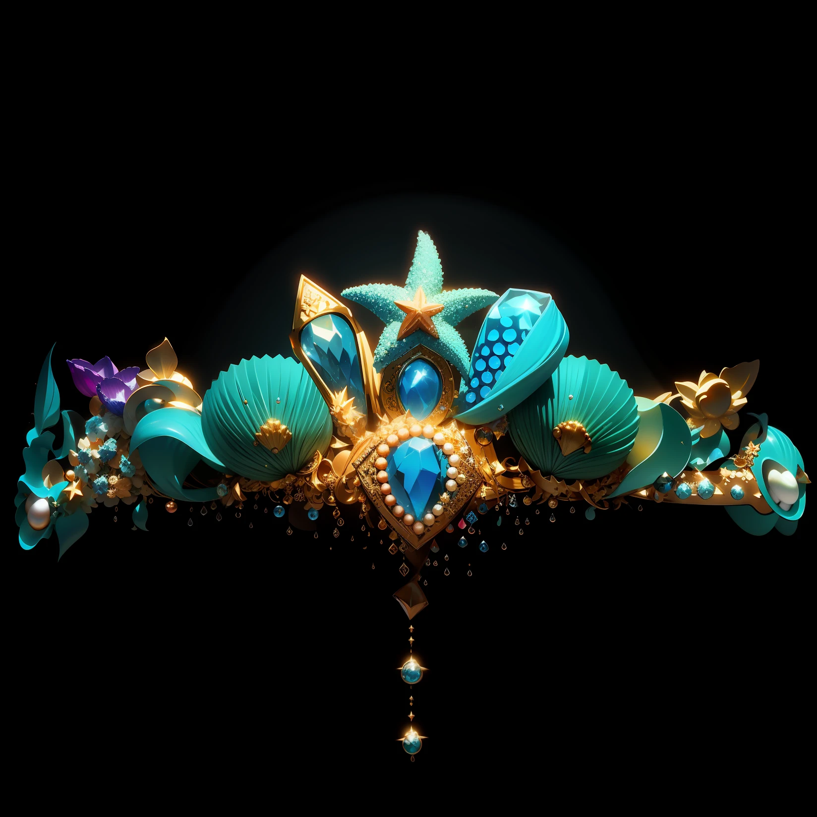 a close up of a tia with a starfish and seashells on it, headpiece headpiece headpiece, ultra realistic fantasy tiara, jellyfish headdress, jeweled headdress, jeweled crown, ornament crown, pearls and shells, headpiecehigh quality, transparent backround, blue tiara, detaild, jewelry design, green tiara, hd illustration,masterpiece, best quality, (extremely detailed CG unity 8k wallpaper), (best quality), (best illustration), (best shadow)