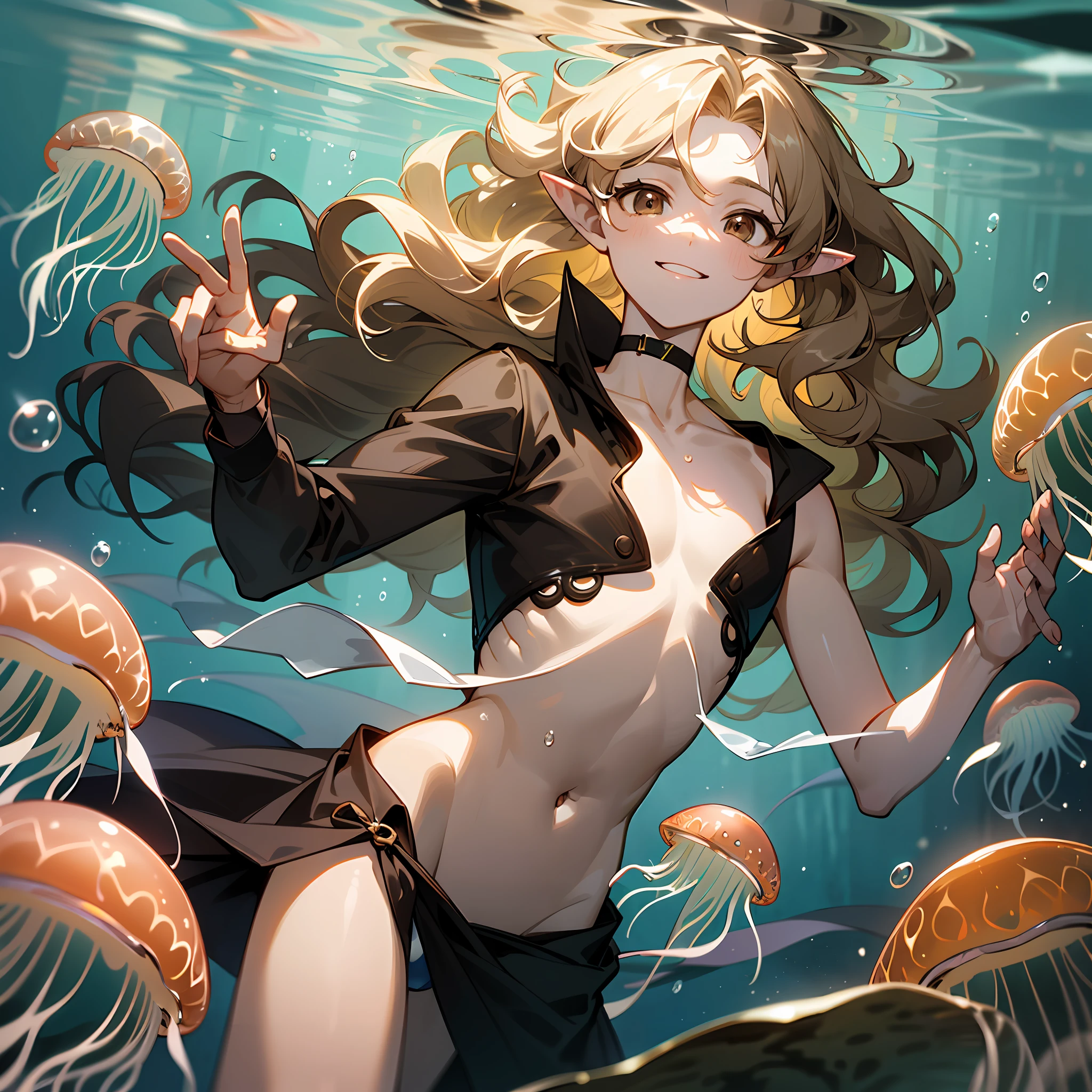 ((young man)), teenage boy, (((one person))), single, solo, ((slim body)), (((flat chest))), slender body, slim waist, ((pale skin)), (((light blonde hair))), ((pointy ears)), (((very poofy hair))), (((very fluffy hair))), (((wavy hair))), (((long hair))), ((full hair)), (((he has dark brown colored eyes))), (((dark brown colored eyes))), (((dark brown eyes))), cute face, (((fantasy style))), (((brown choker))), big eyes, (((male))), guy, (((boy))), magic, magical, (water bubbles floating in the air), (((diving under water))), a few rocks in the water, seagrass in the background, kelp in the background, (wearing a loincloth), transparent fabric, (((jellyfish in front of his face))), ((positively surprised expression)), ((happy)), curious expression, jellyfish in the background, smaller jellyfish, ((looking at the jellyfish)), jellyfishes