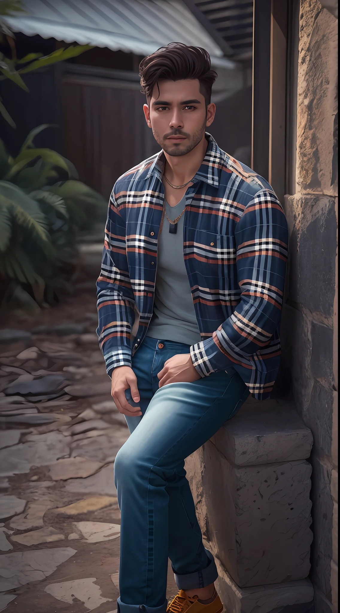 homem jovem, corpo inteiro, ((usando camisa plaid and jeans pants)), fotografiarrealista, fotografia, obra-prima, realista, Realismo, renderizado, Alto contraste, arte digital, fotográficorealista, trend in Artstation 8k HD, High definition, circunstanciado, Realistic;, detalhada, textura da pele, hiperdetalhada, Textura realista da pele, armadura, melhor qualidade, ultra high-resolution, (fotografiarrealista: 1.4), alta resolução, detalhada, fotografia crua, sharp re, Nikon D850 Film Stock Photography 4 Camera Kodak Portra 400 Lens F1.6 colors rich hyper realistic texture dramatic lighting unrealengine trend in artstation cinestill 800, RAW.