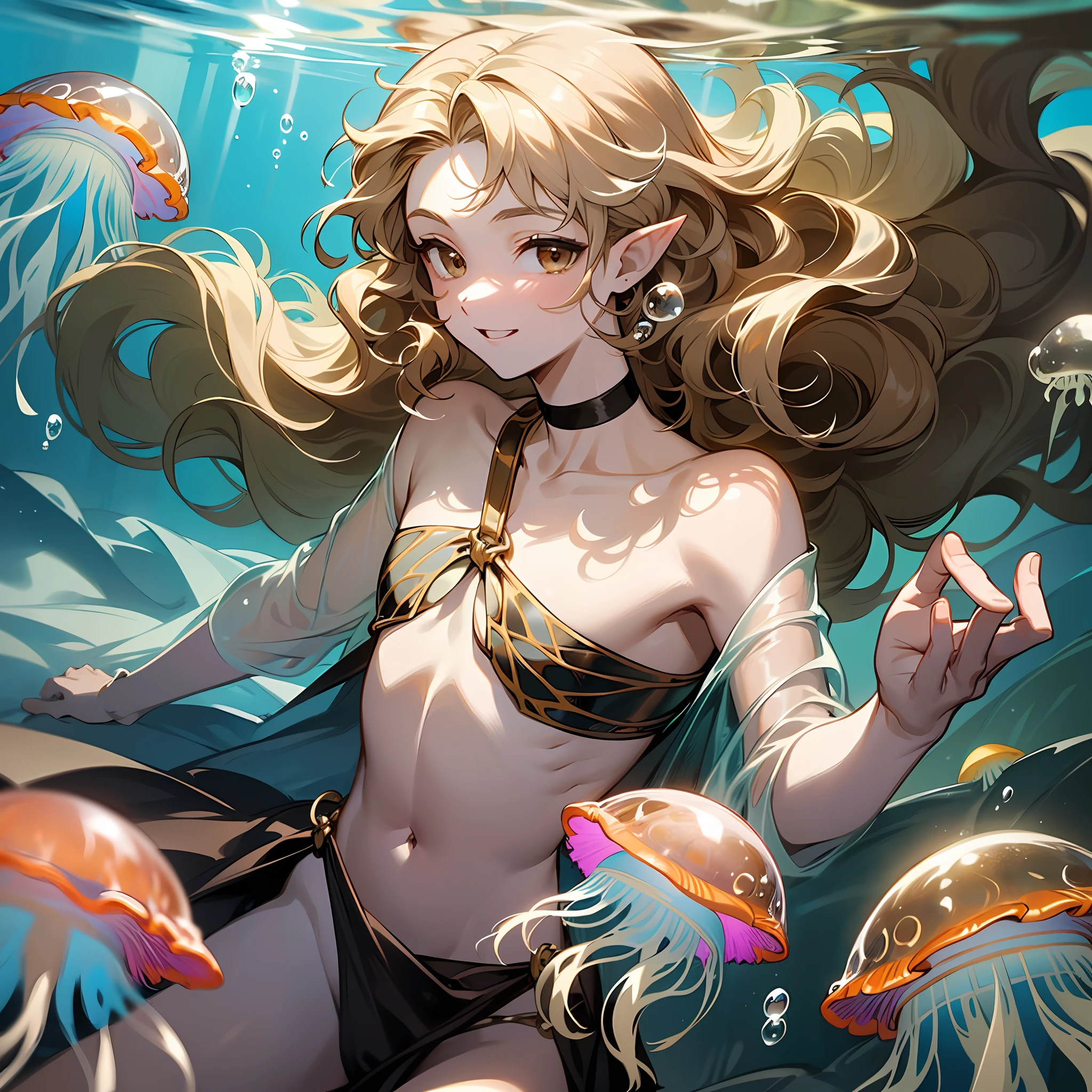 ((young man)), boy, (((one person))), single, solo, ((slim body)), (((flat chest))), slender body, slim waist, ((pale skin)), (((light blonde hair))), ((pointy ears)), (((very poofy hair))), (((very fluffy hair))), (((wavy hair))), (((long hair))), ((full hair)), (((he has dark brown colored eyes))), (((dark brown colored eyes))), (((dark brown eyes))), cute face, (((fantasy style))), (((brown choker))), big eyes, (((male))), guy, (((boy))), magic, magical, (water bubbles floating in the air), (((diving under water))), a few rocks in the water, seagrass in the background, kelp in the background, (wearing a loincloth), transparent fabric, (((jellyfish in front of his face))), ((positively surprised expression)), ((happy)), curious expression, jellyfish in the background, smaller jellyfish, ((looking at the jellyfish)), jellyfishes