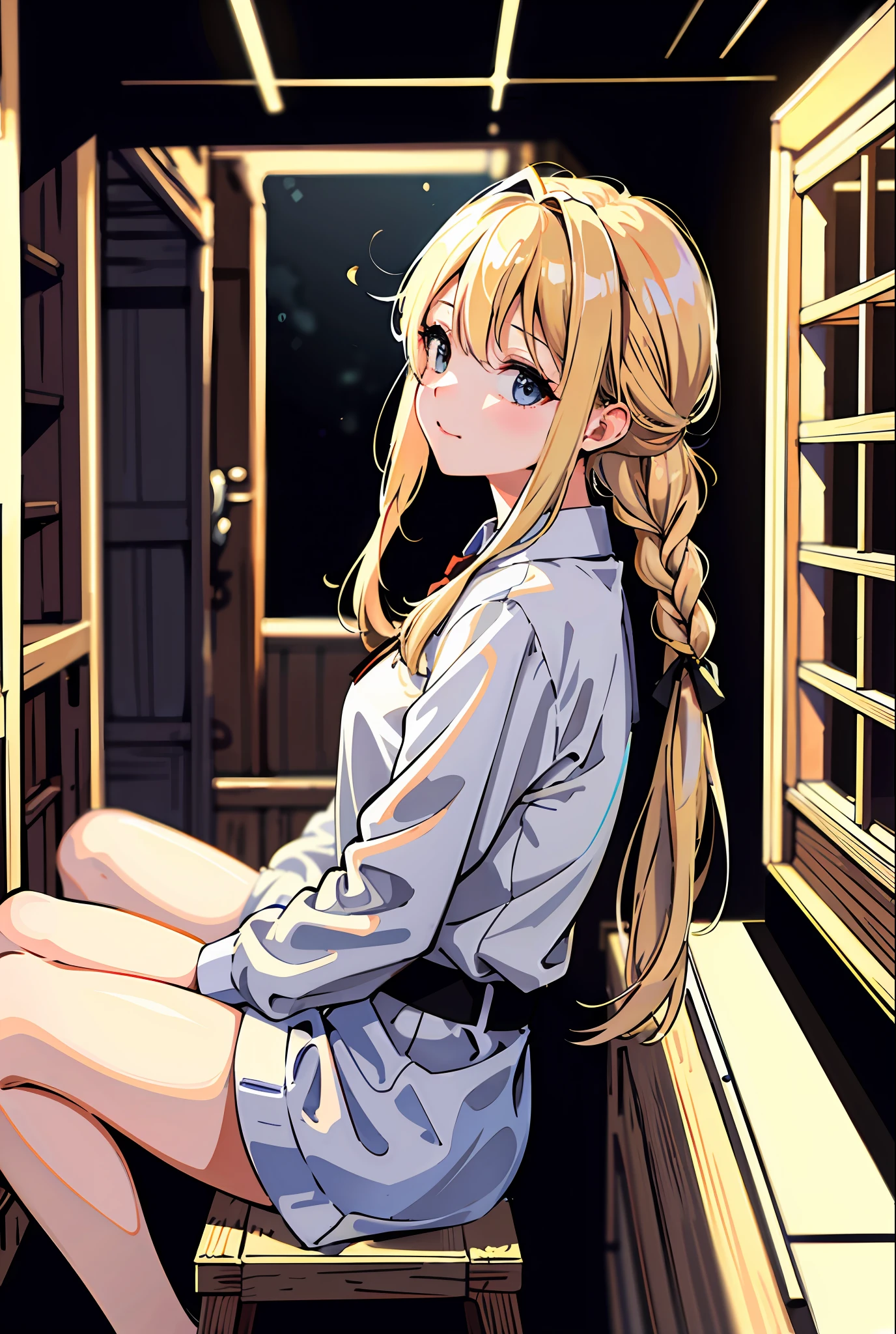 (巨作, Best Quality, A highly detailed, illustration), 1girl
Blonde Gray,
Long low braided hair,
Chicken Coop,
like a ghost,
from side,
Hands between legs,
(Cinematic Lighting)