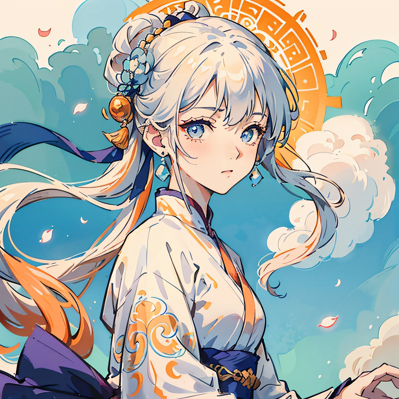 Mature girl, orange pupils, blue-white hair color, floating hair, delicate and flexible eyes, intricate damask Hanfu, gorgeous accessories, wearing pearl earrings, fov, f/1.8, masterpiece, ancient Chinese architecture, blue sky, flower petals flying, front portrait shot, Chang'e, side light, sunlight shining on people, 8K --auto