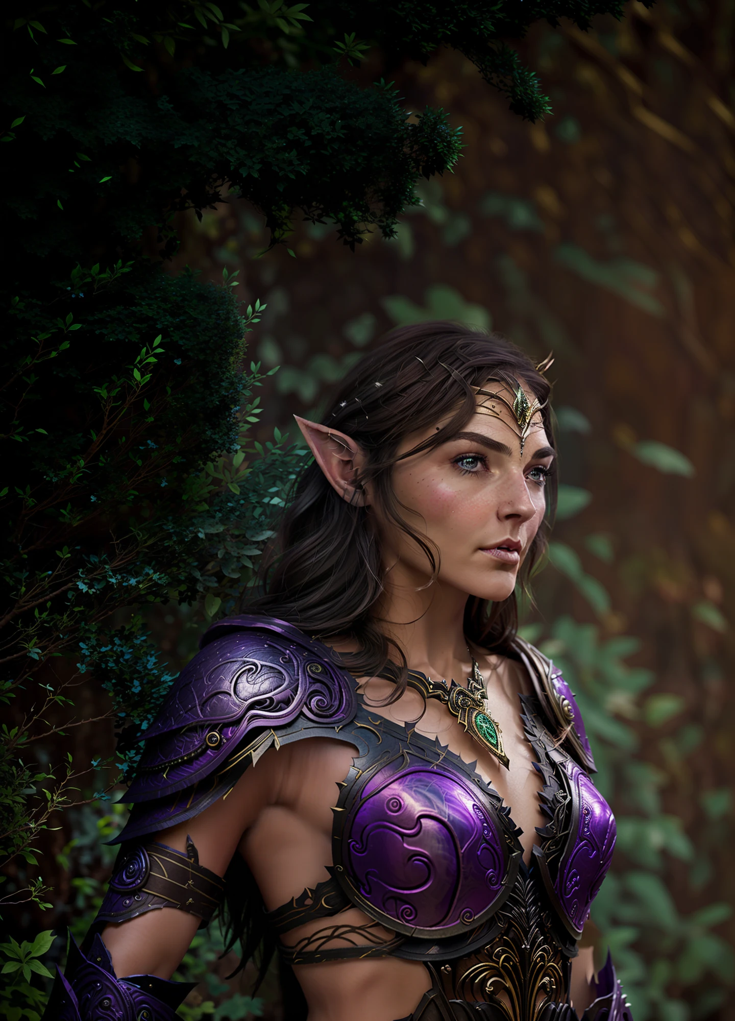 A delicate face，world of warcraft，Night Elf，femele，dynamicposes，Purple skin，glowing light eyes，Dark purple leather armor，Feather armor，Bow and arrow in hand，mystical，Frontal whole body，dark forest background