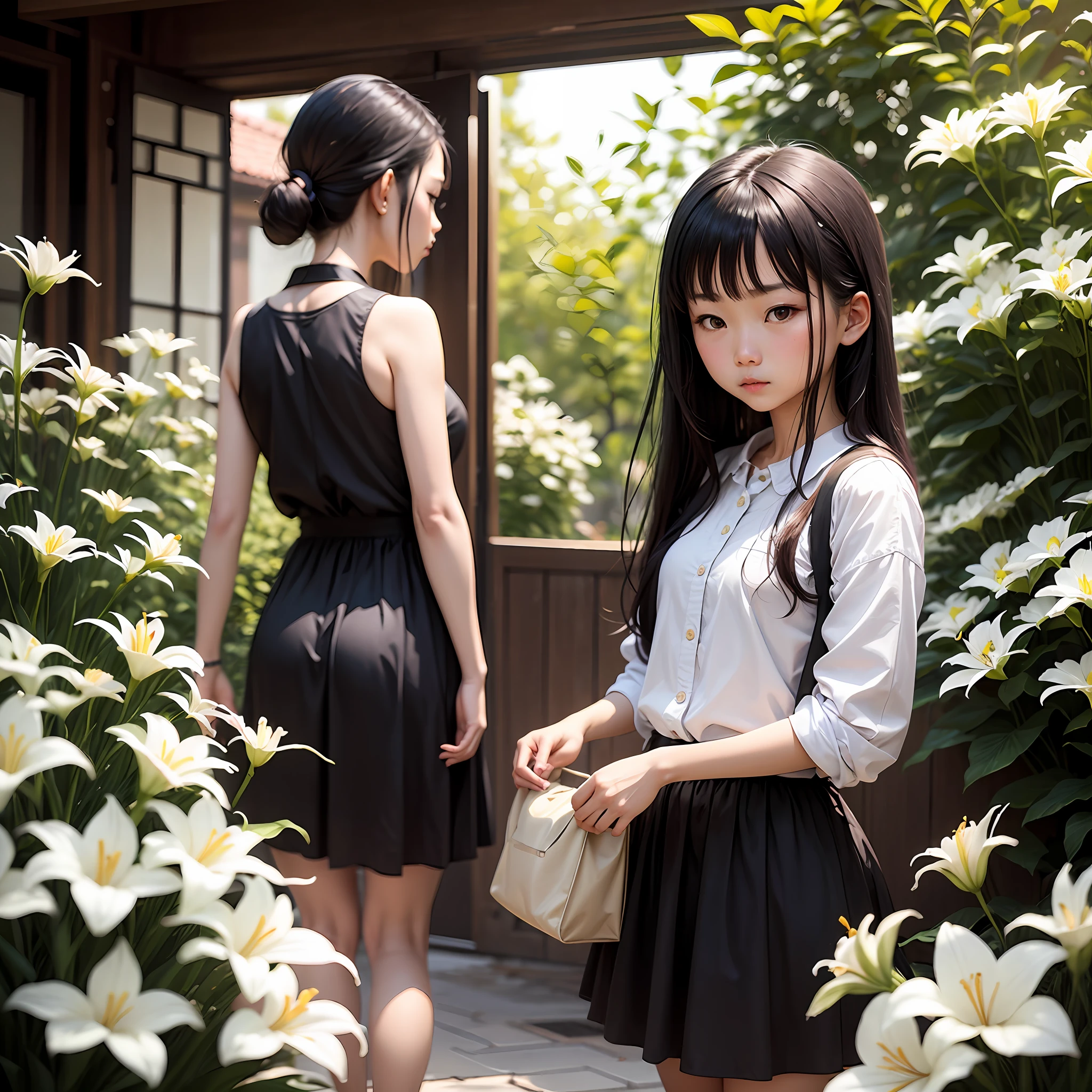  girl, an asian woman, White lilies, Black Eyes