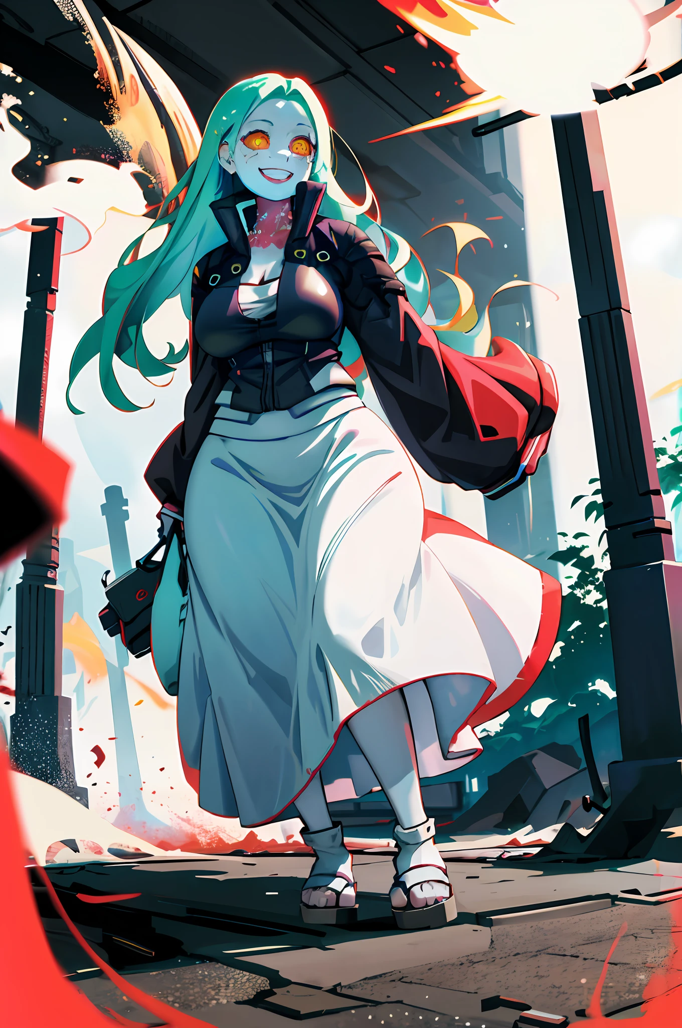 rebecca \(cyberpunk\), mechanical eye, colored sclera, red sclera, colored skin, white skin,1girl, red pupils, long skirt, curvy, thicc, walking, vest, long skirt, tall girl, iceland tundra, happy, smile, forest, big breast, flip flops