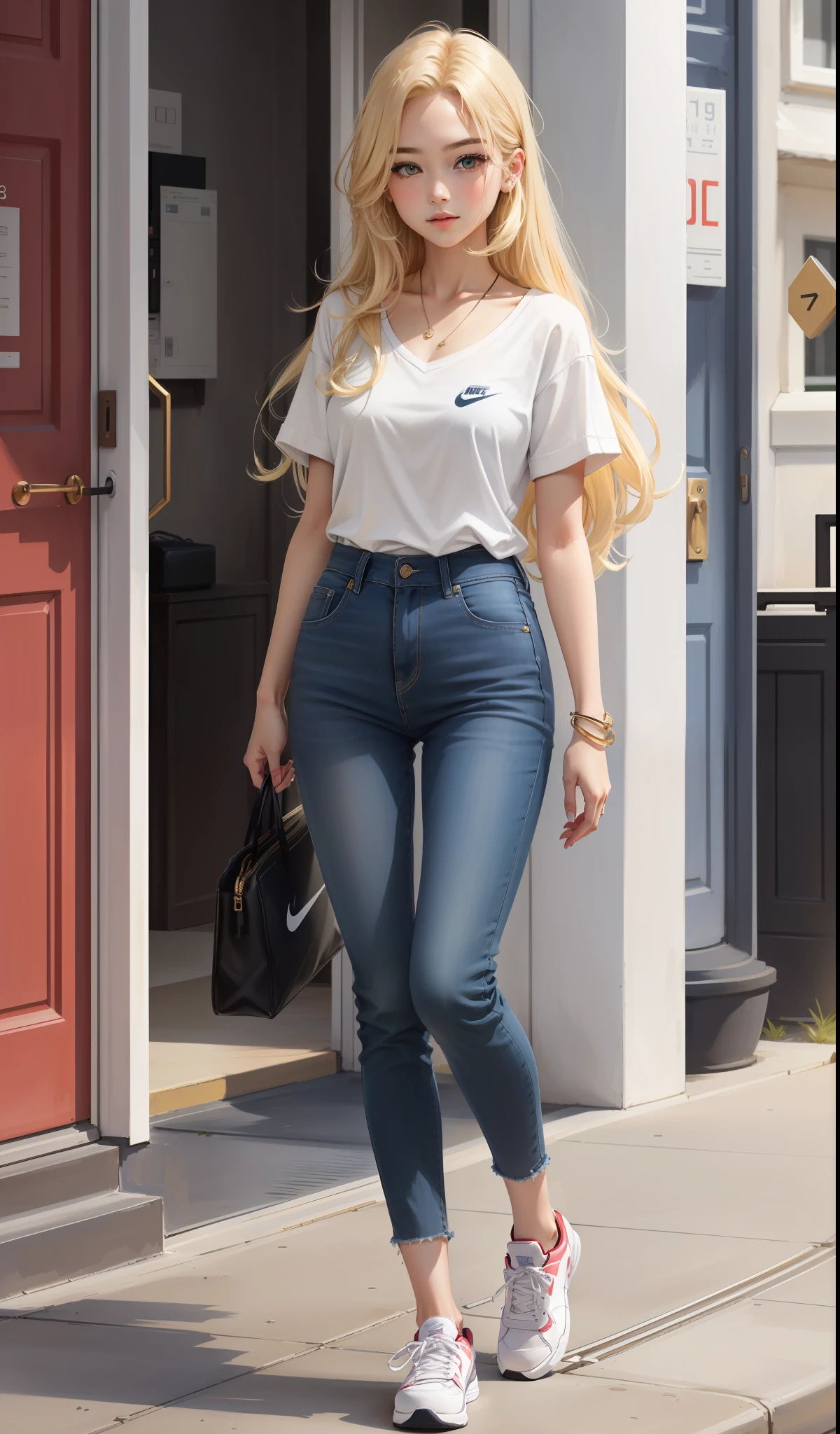 a woman in a white shirt and red pants is playing video game, simple style, wearing elegant casual clothes, muted red, simple clothes, milk and red style, casual clothing style, modern fashion outfit, wearing a fisher , casual modern clothing, inspo, red clothes, red pants, neutral tones, rred and white color scheme, casual business outfit, cute face, nike shoes, 17 years old, adult face, long hair, ((golden blonde hair)) and gleaming detailed bright lilac coloured eyes, slim frame, small breasts, long legs, wearing blue knee length sun dress
